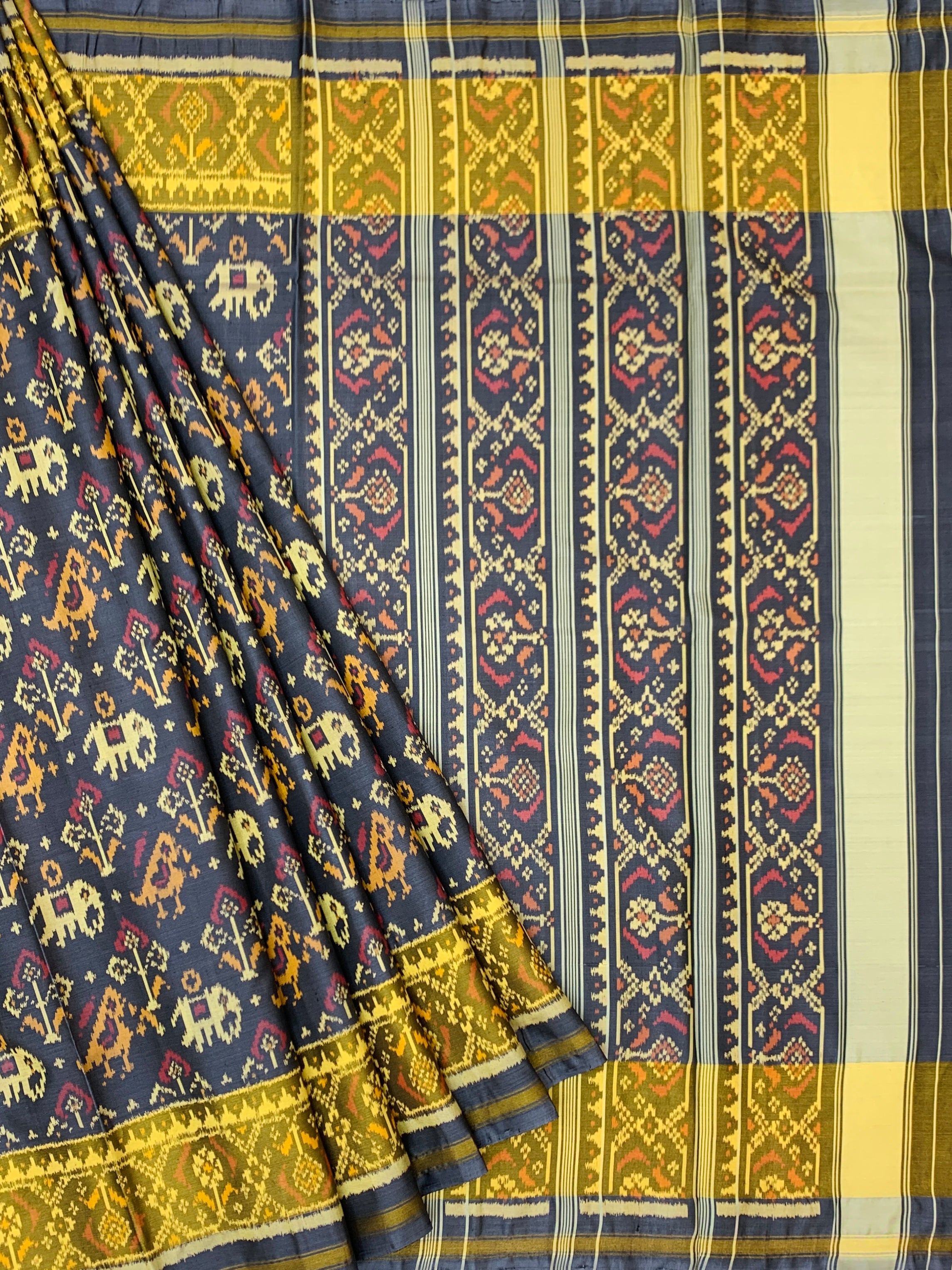 Majestic Slate Grey and Mustard Yellow Rajkot Patola Silk Saree