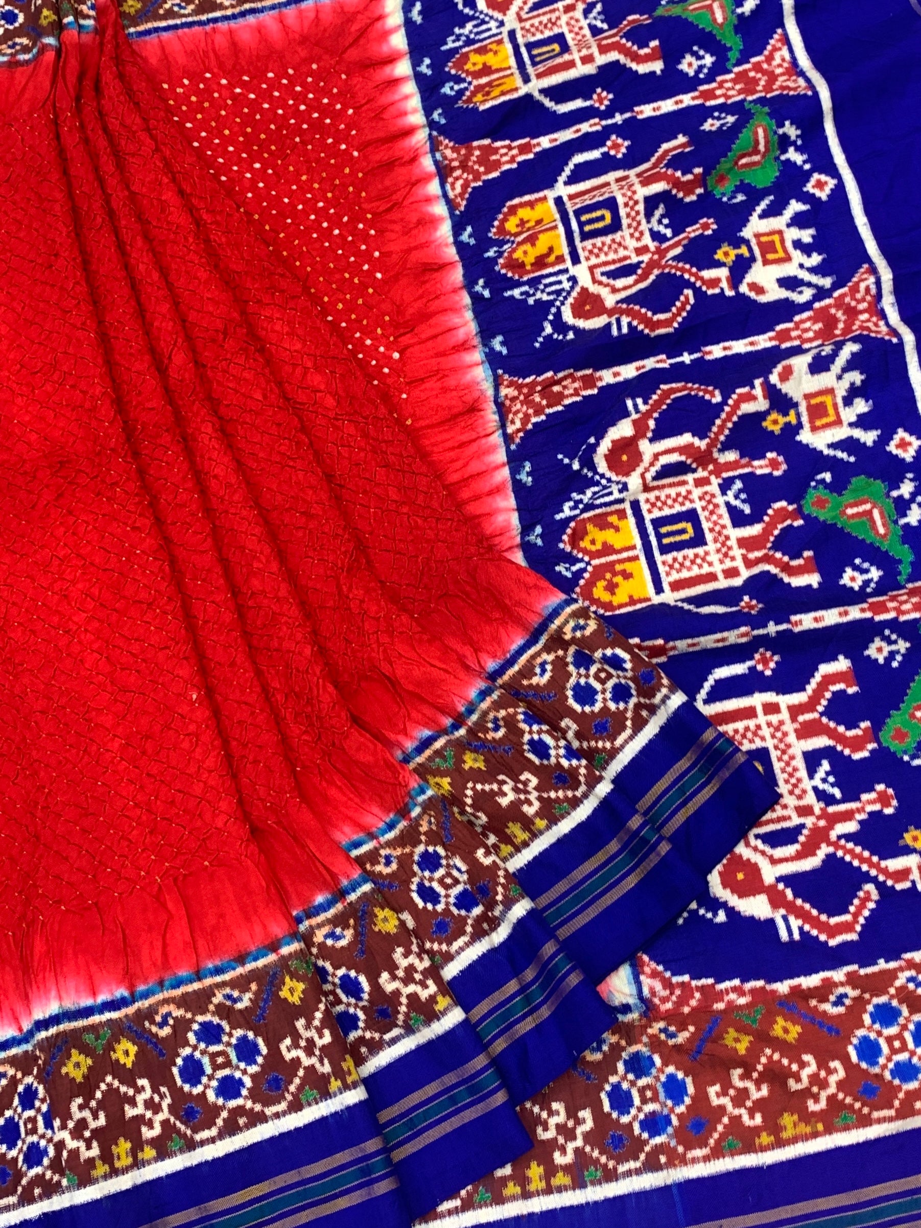 Crimson Red & Royal Blue Patan Patola Bandhani Silk Saree