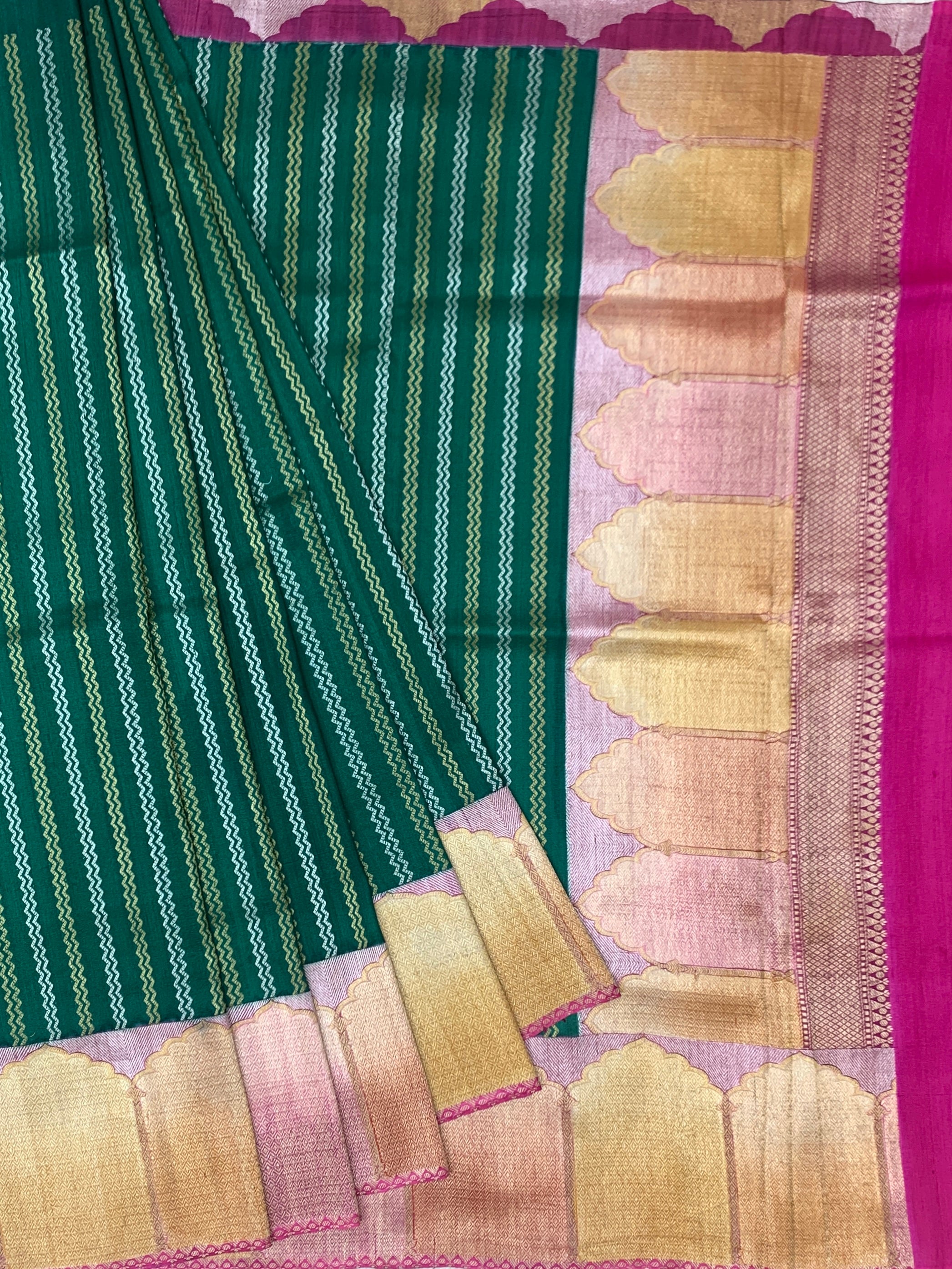Emerald Green Tussar Georgette Saree with Zari Stripes