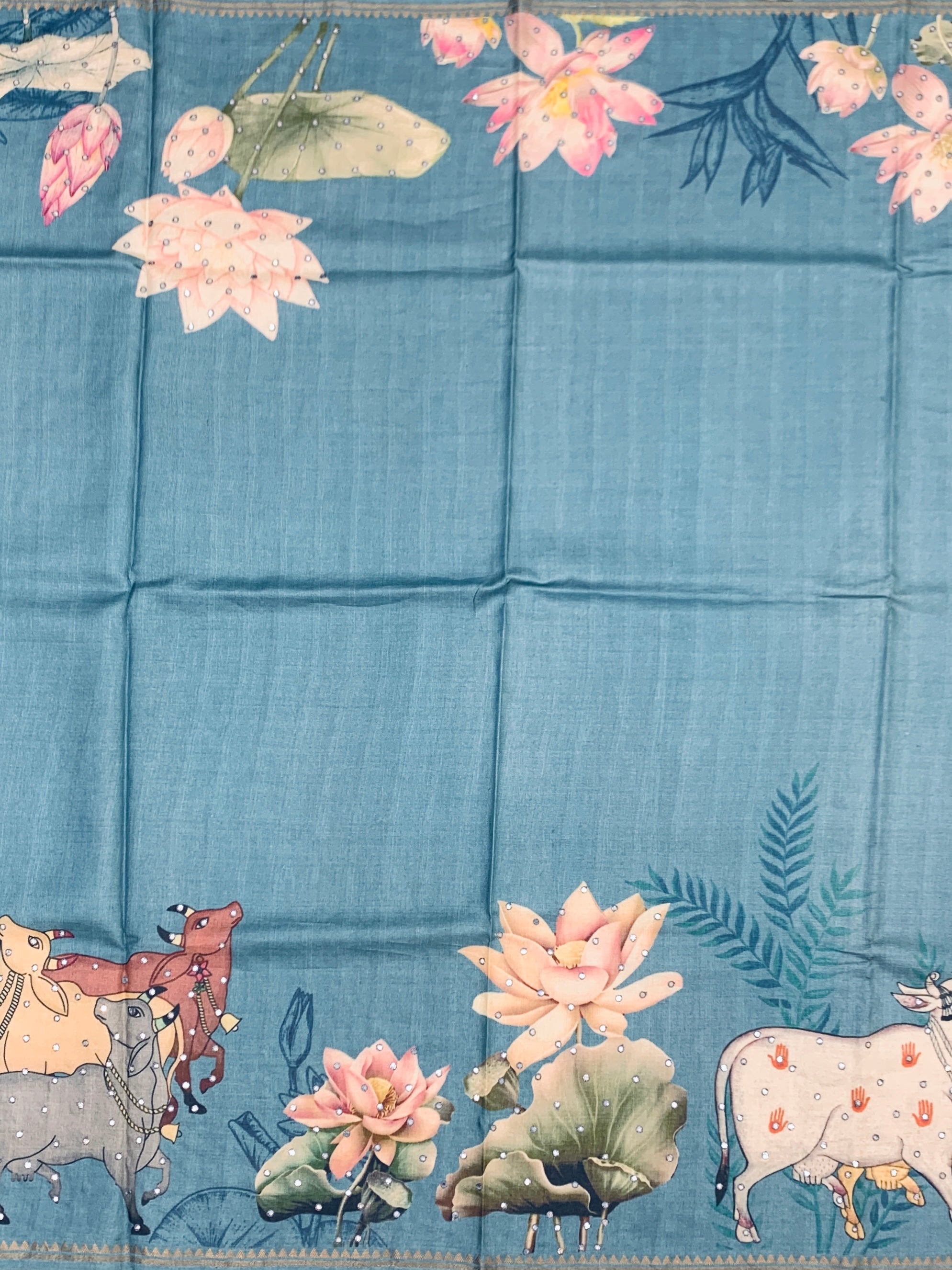 Azure Tranquility: Pichwai-Inspired Lotus & Cow Motif Tussar Silk Saree