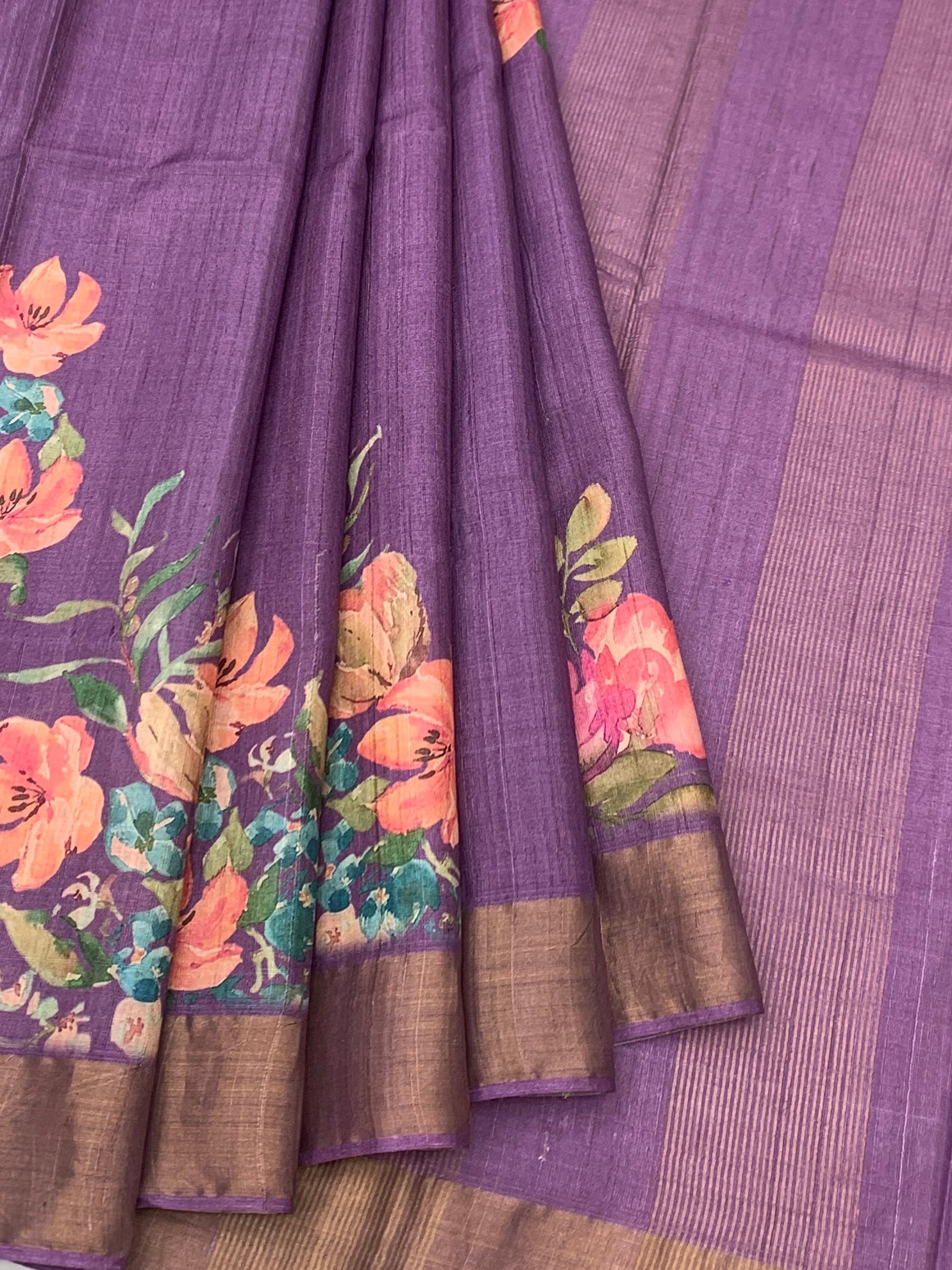Mauve Meadow: Floral & Striped Tussore Printed Saree