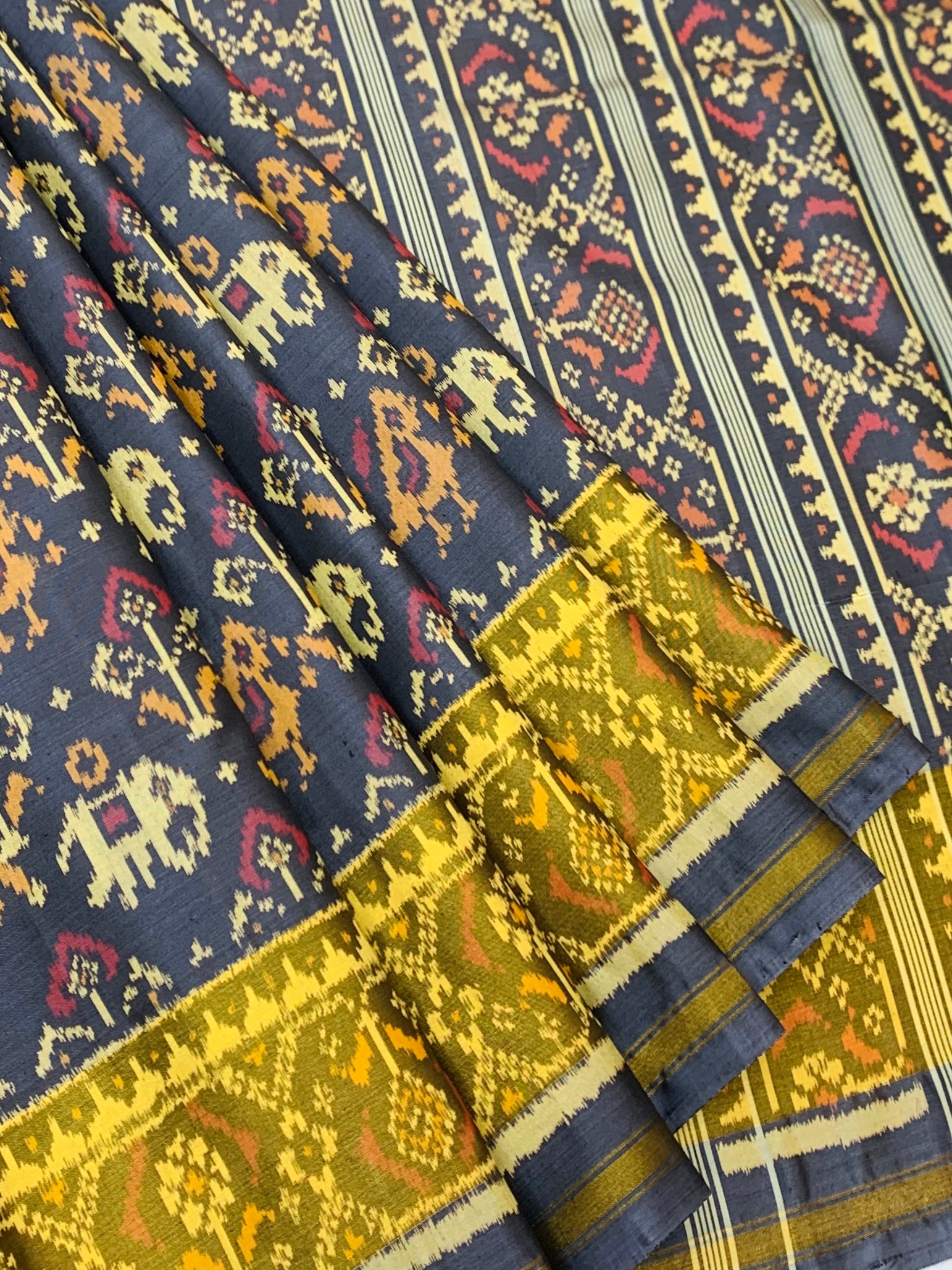 Majestic Slate Grey and Mustard Yellow Rajkot Patola Silk Saree