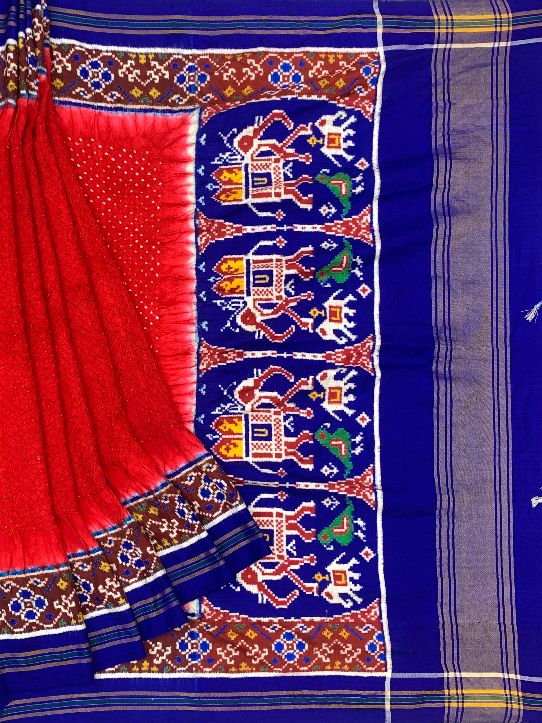 Crimson Red & Royal Blue Patan Patola Bandhani Silk Saree