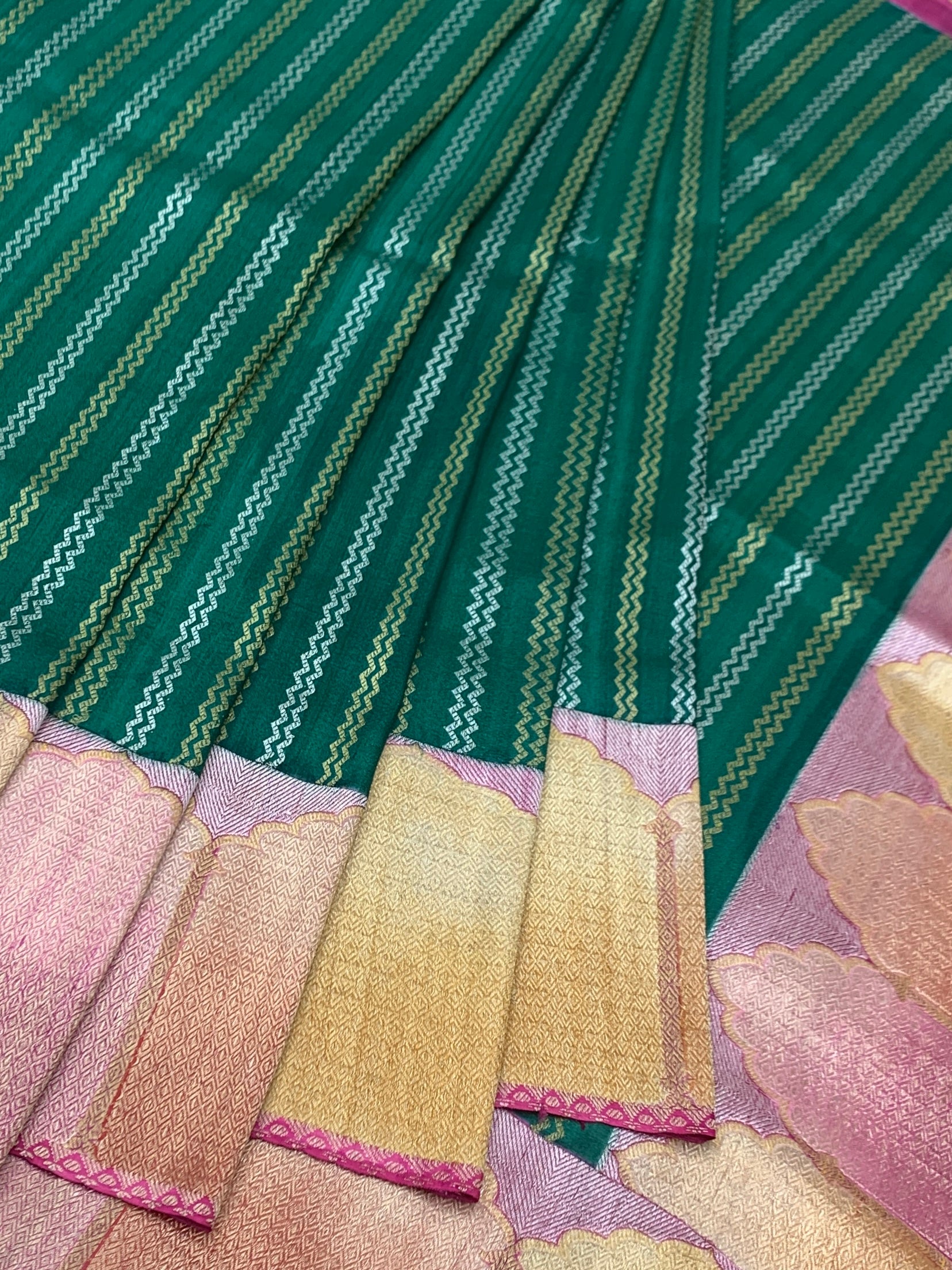 Emerald Green Tussar Georgette Saree with Zari Stripes
