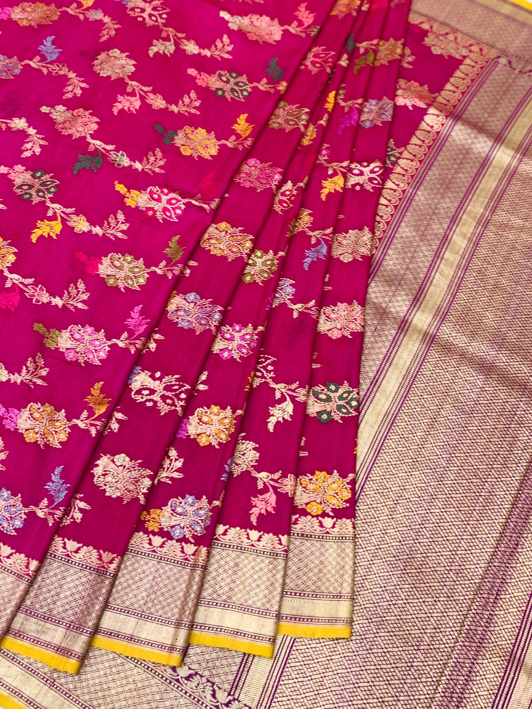 Vibrant Pink Tussore Georgette Saree with Meenakari Botanicals and Yellow Blouse