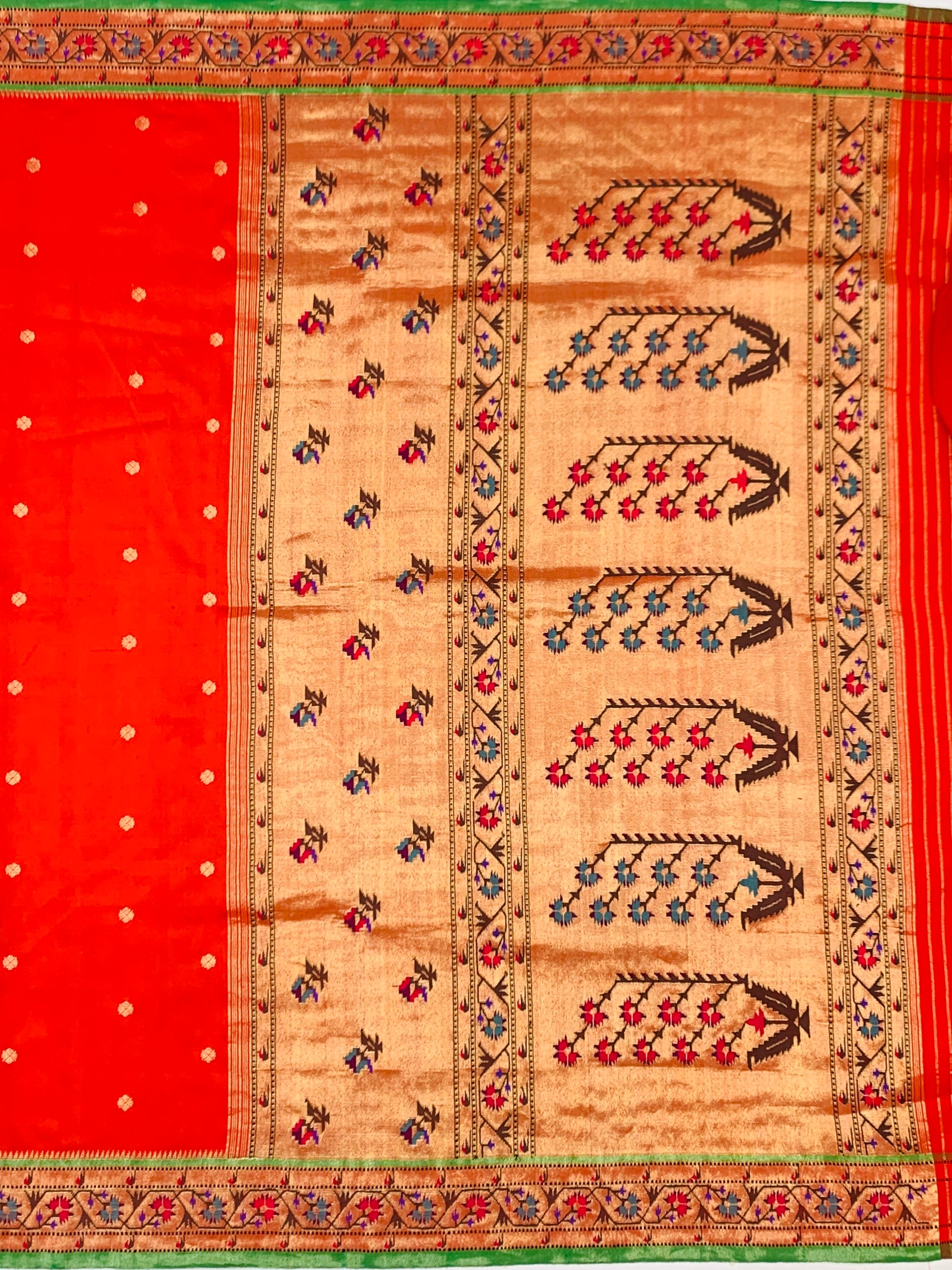 Vibrant Vermilion Orange Paithani Silk Saree with Floral Tree Pallu