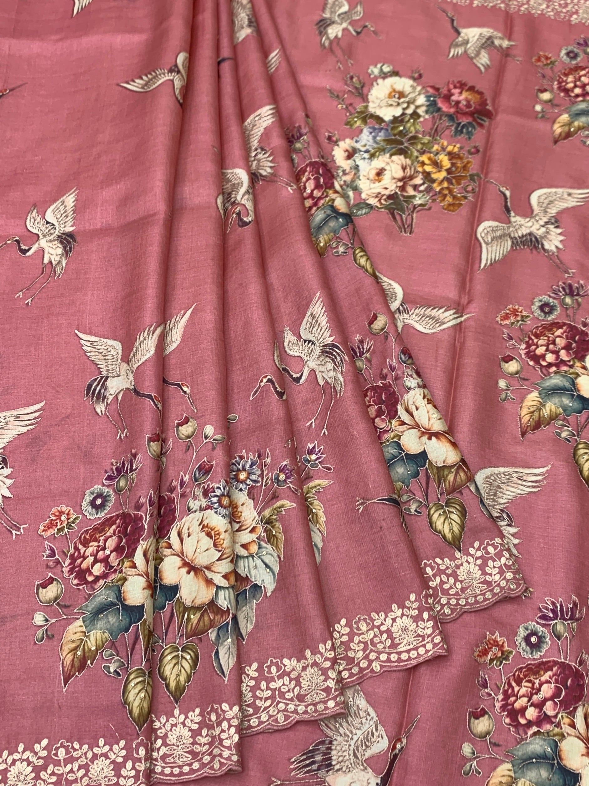 Vintage Rose & Oriental Crane: Hand-Embroidered Tussar Silk Saree