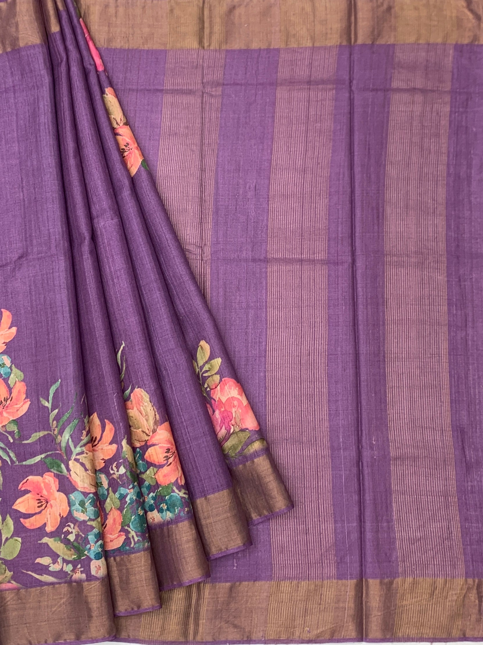 Mauve Meadow: Floral & Striped Tussore Printed Saree