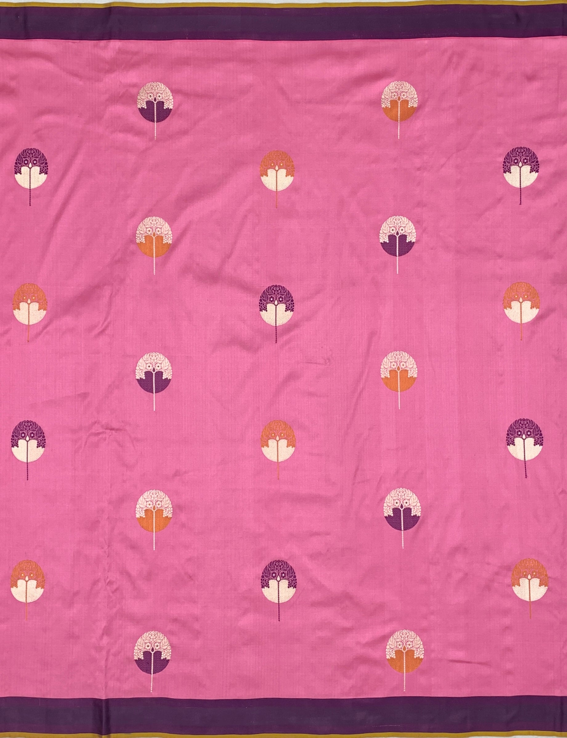 Vibrant Pink Banarasi Silk Saree with Stylized Botanical Motifs