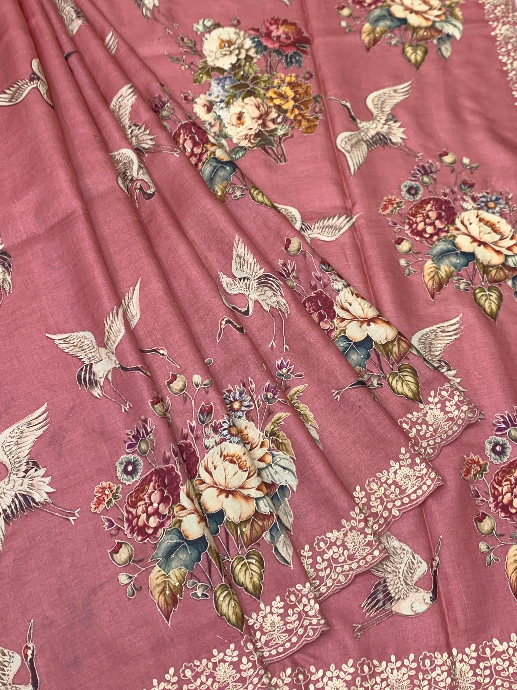 Vintage Rose & Oriental Crane: Hand-Embroidered Tussar Silk Saree