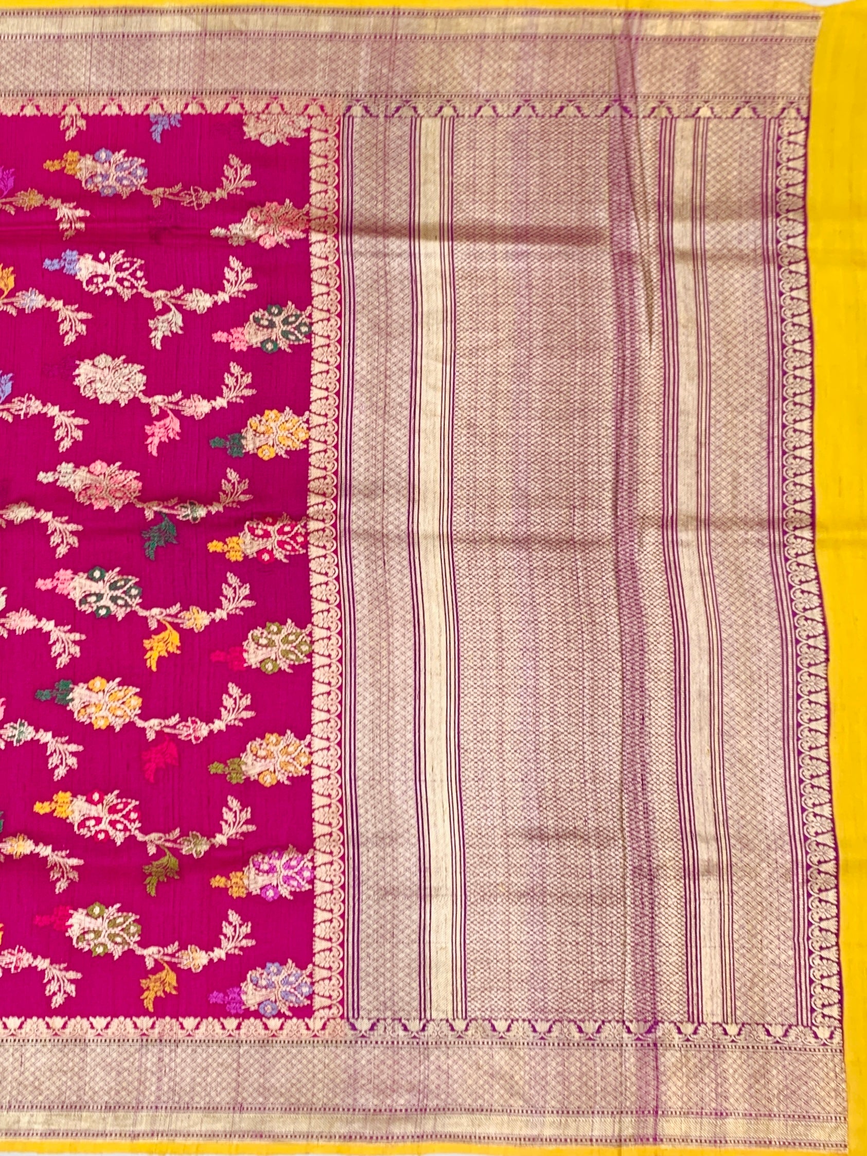 Vibrant Pink Tussore Georgette Saree with Meenakari Botanicals and Yellow Blouse