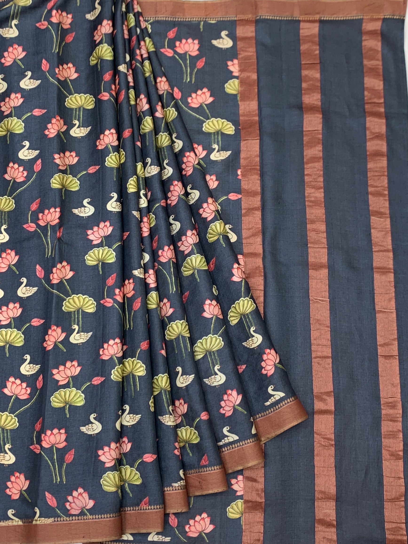 Charcoal Black Tussore Saree with Pichwai Lotus & Swan Motifs