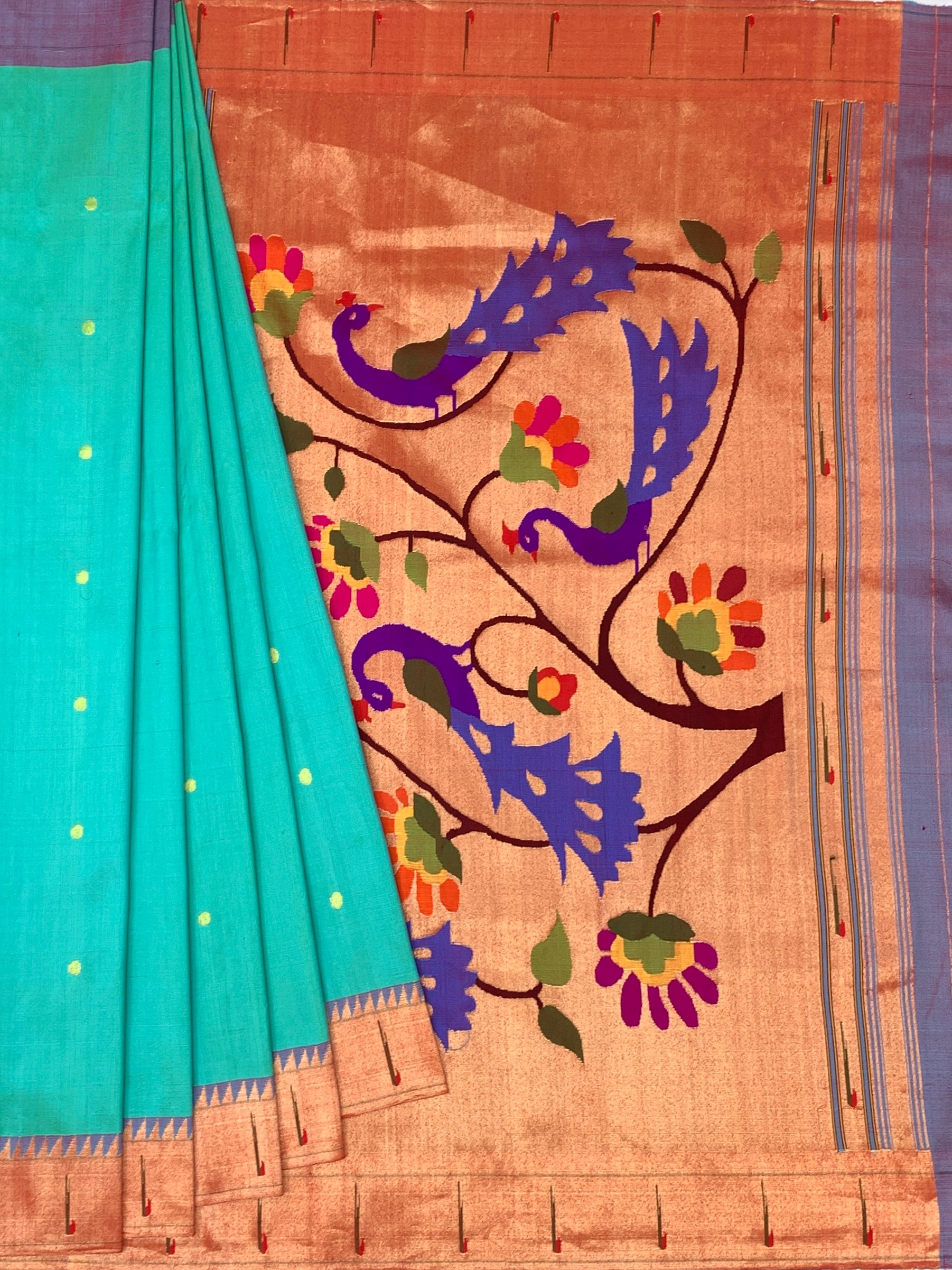 Exquisite Turquoise Blue Paithani Silk Saree with Grand Peacock Pallu