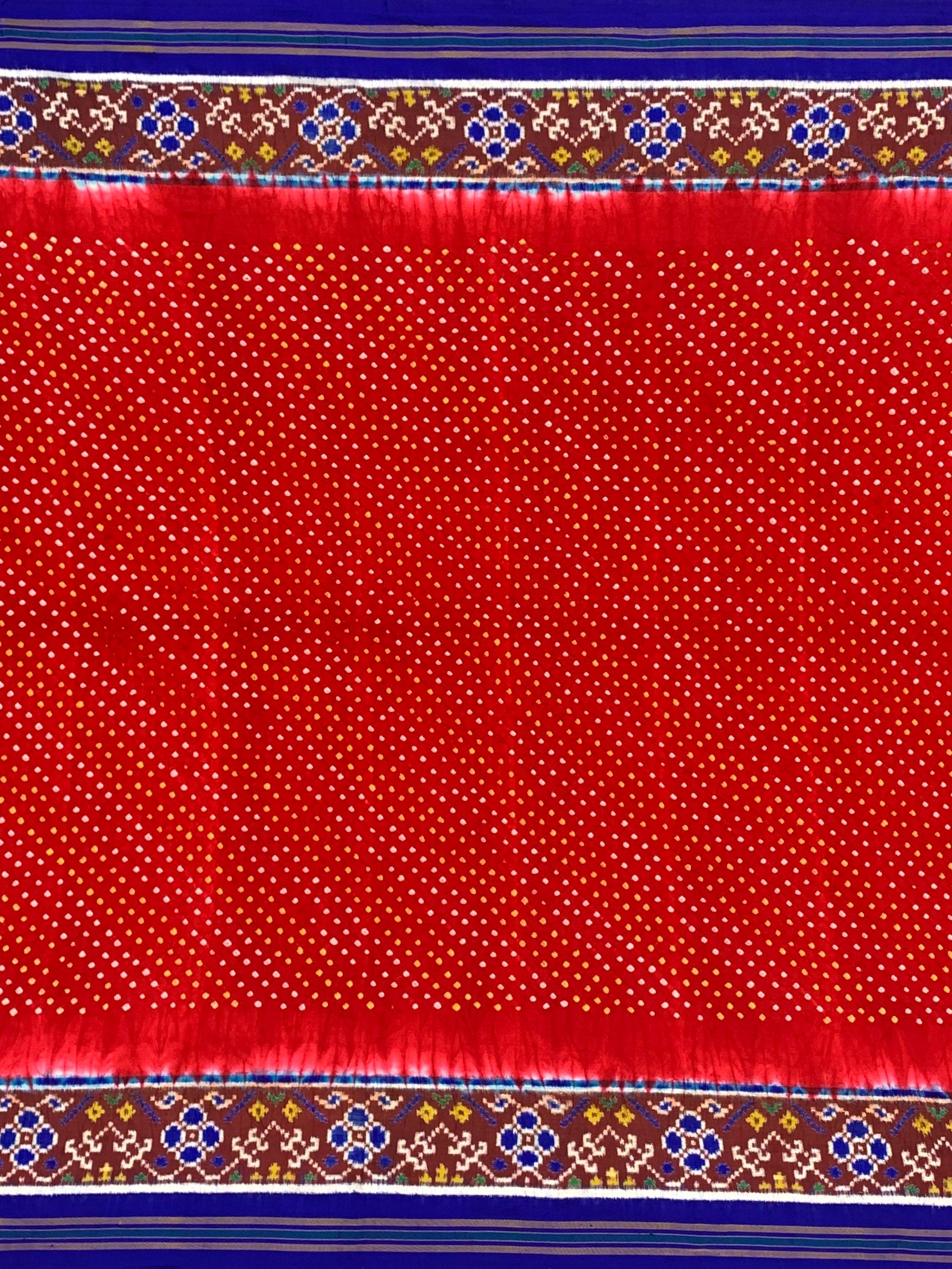 Crimson Red & Royal Blue Patan Patola Bandhani Silk Saree