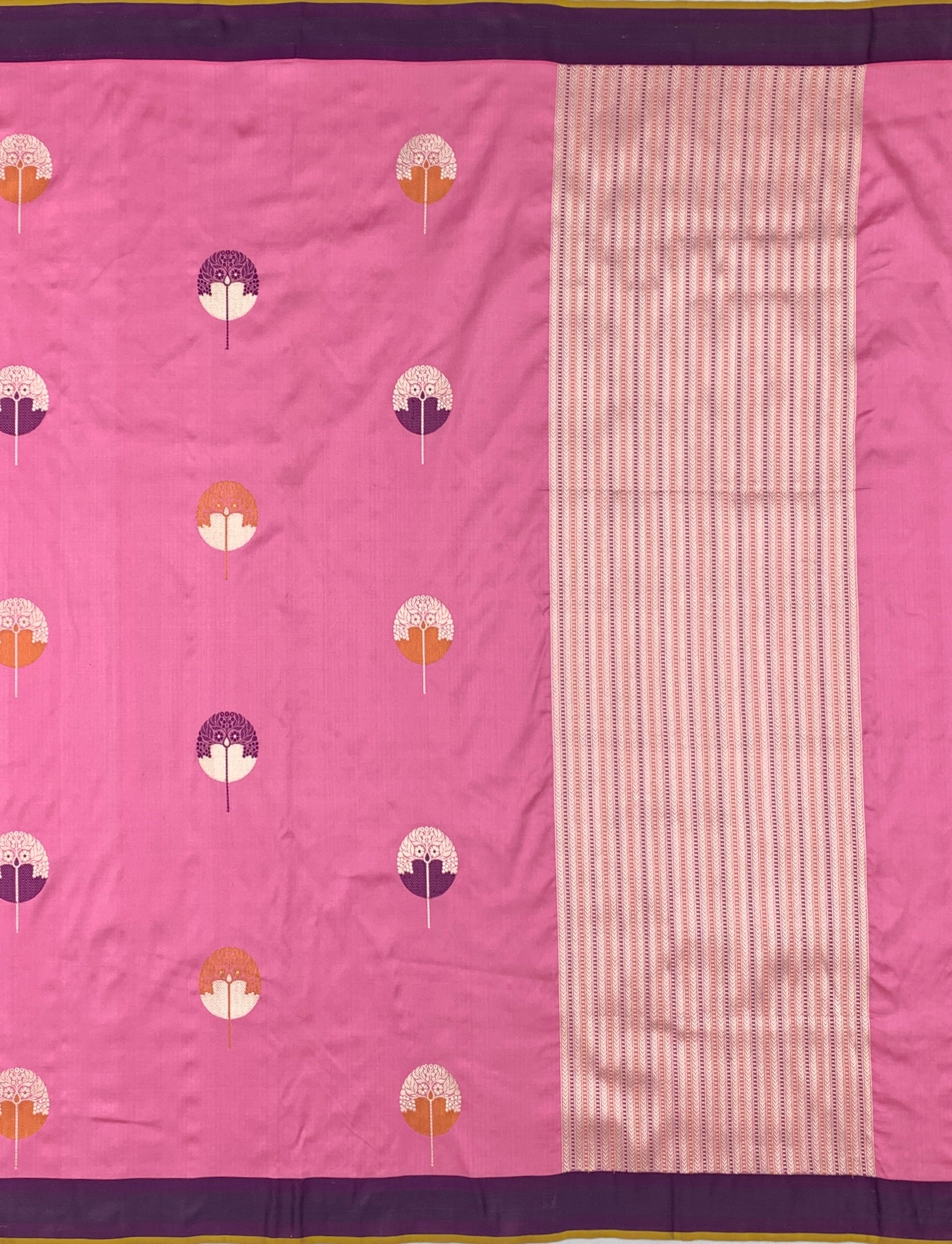 Vibrant Pink Banarasi Silk Saree with Stylized Botanical Motifs