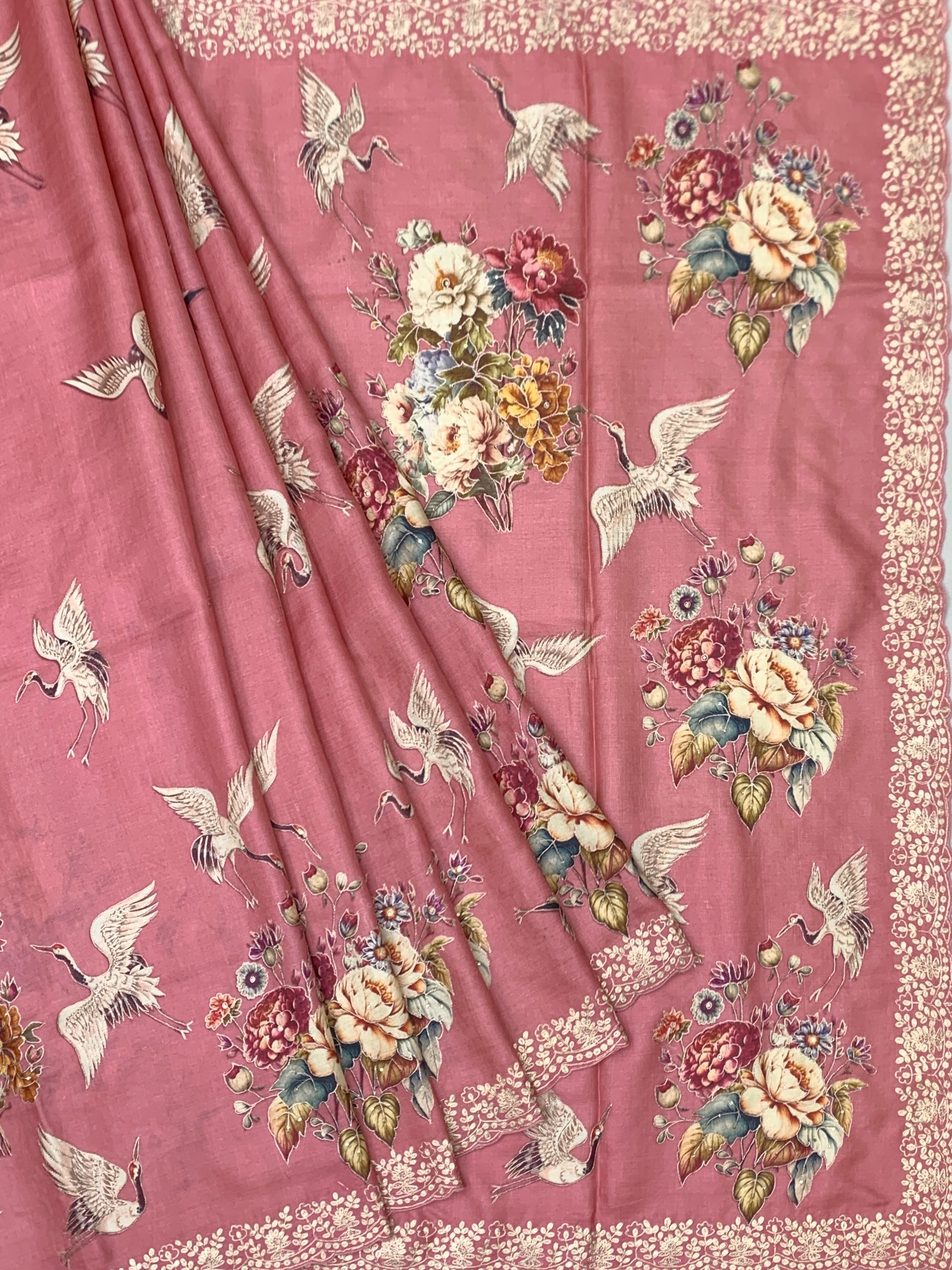 Vintage Rose & Oriental Crane: Hand-Embroidered Tussar Silk Saree