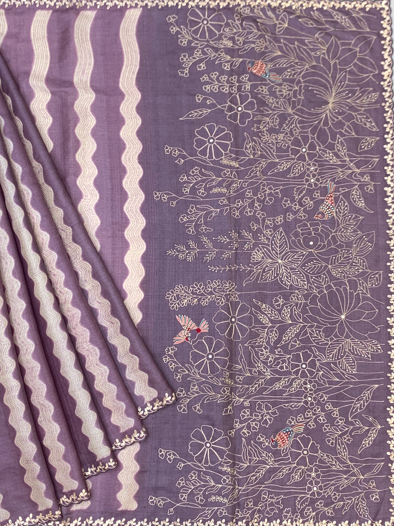 Poetic Mauve: Wavy Stripe Tussar Silk Saree with Floral & Avian Embroidery