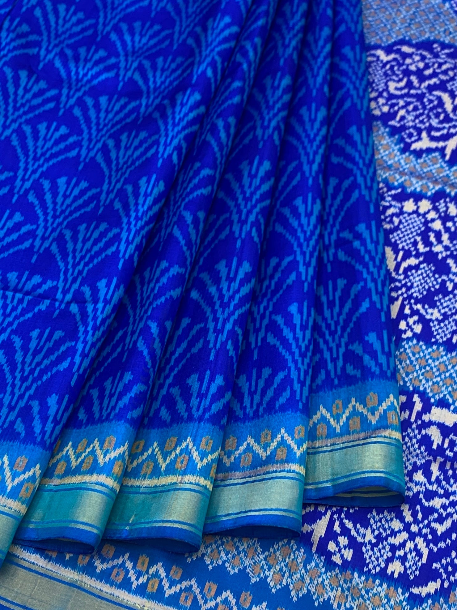 Royal Azure & Cobalt Blue: Botanical Ikat Rajkot Patola Silk Saree