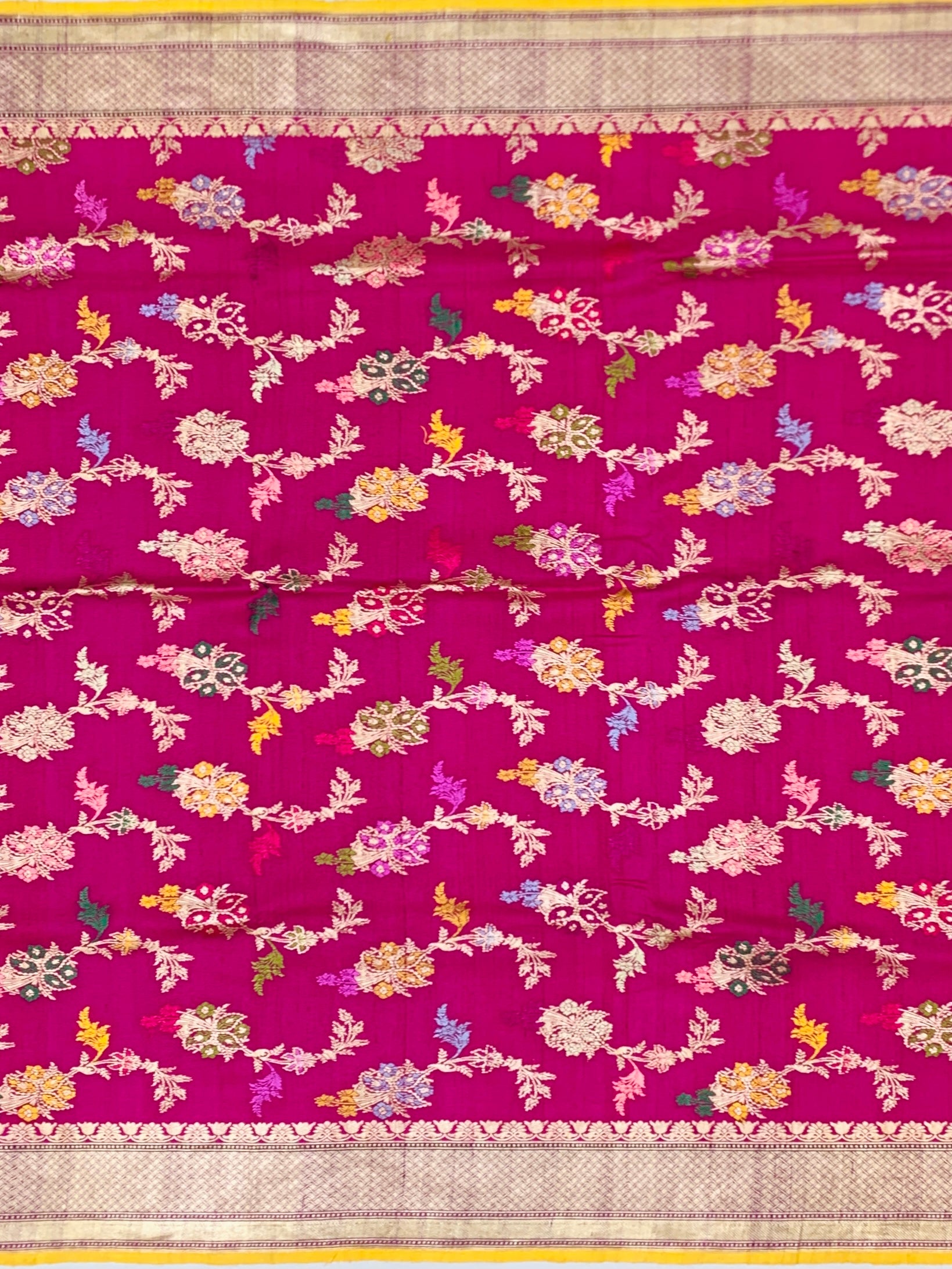 Vibrant Pink Tussore Georgette Saree with Meenakari Botanicals and Yellow Blouse