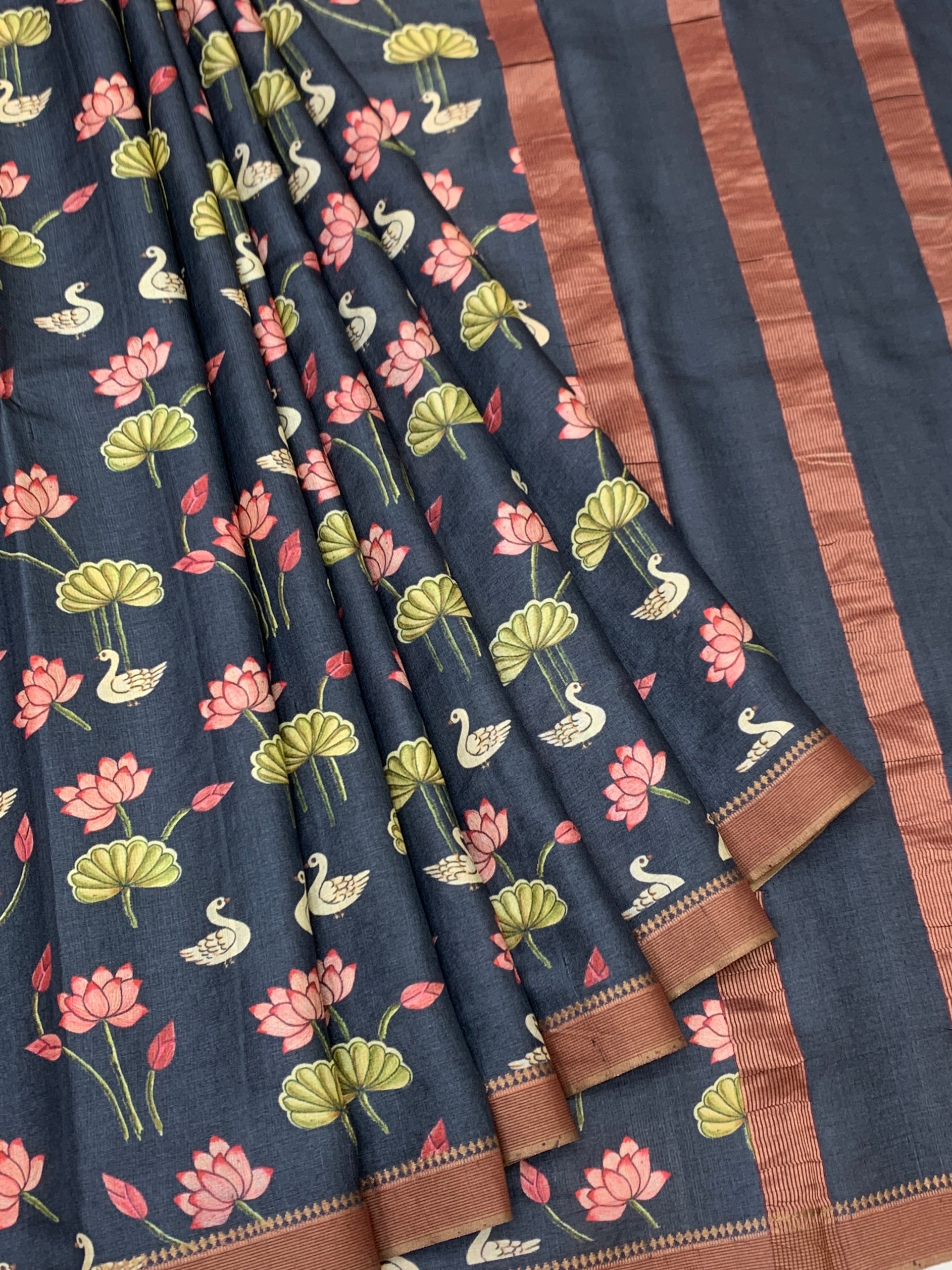 Charcoal Black Tussore Saree with Pichwai Lotus & Swan Motifs