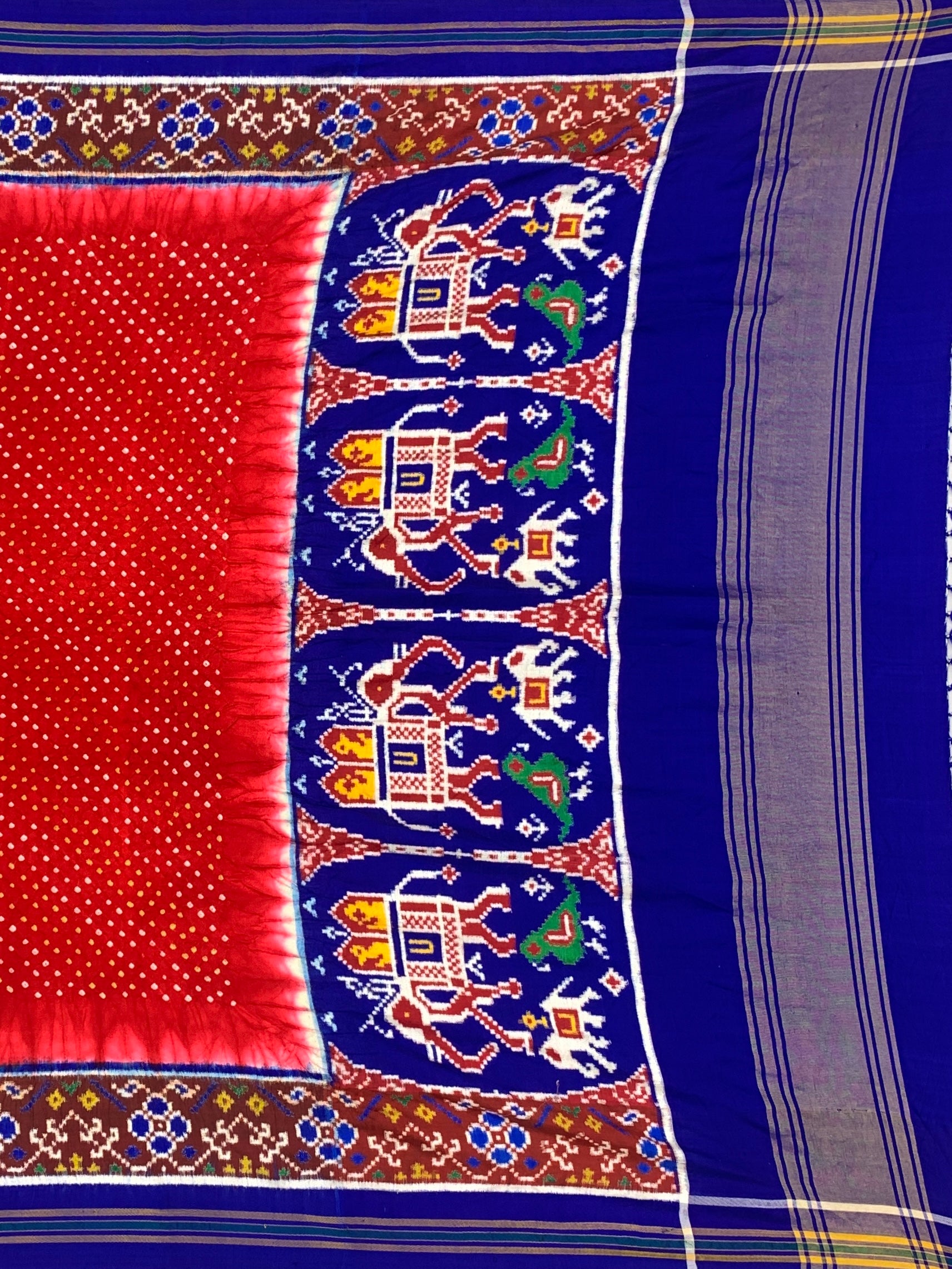 Crimson Red & Royal Blue Patan Patola Bandhani Silk Saree