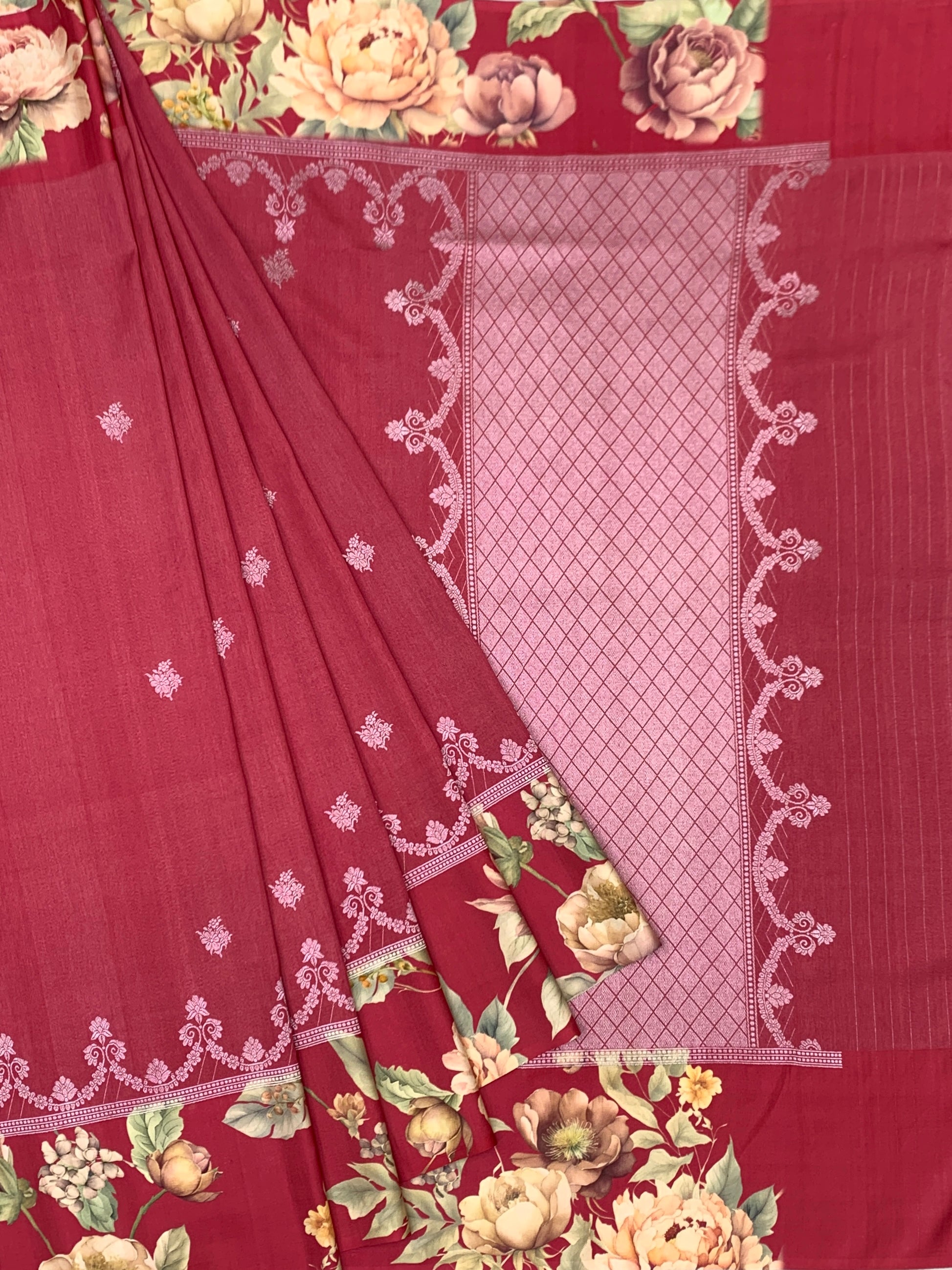 Crimson Bloom: Vintage Floral & Embroidered Tussar Silk Saree