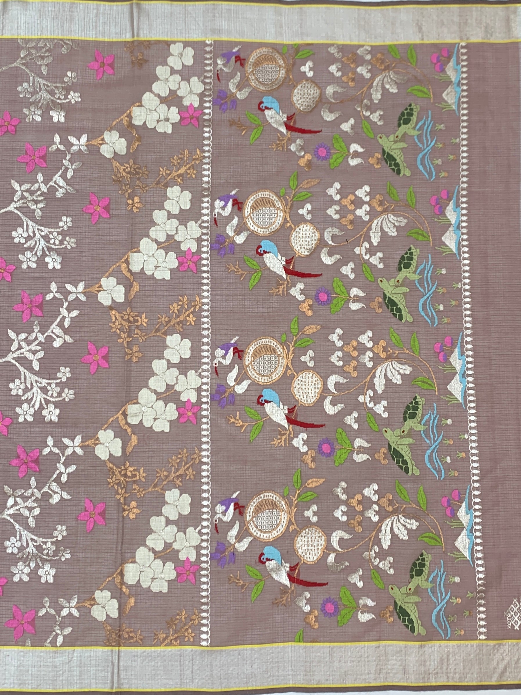 Earthy Mocha Zari Kota Saree with Whimsical Nature Pallu