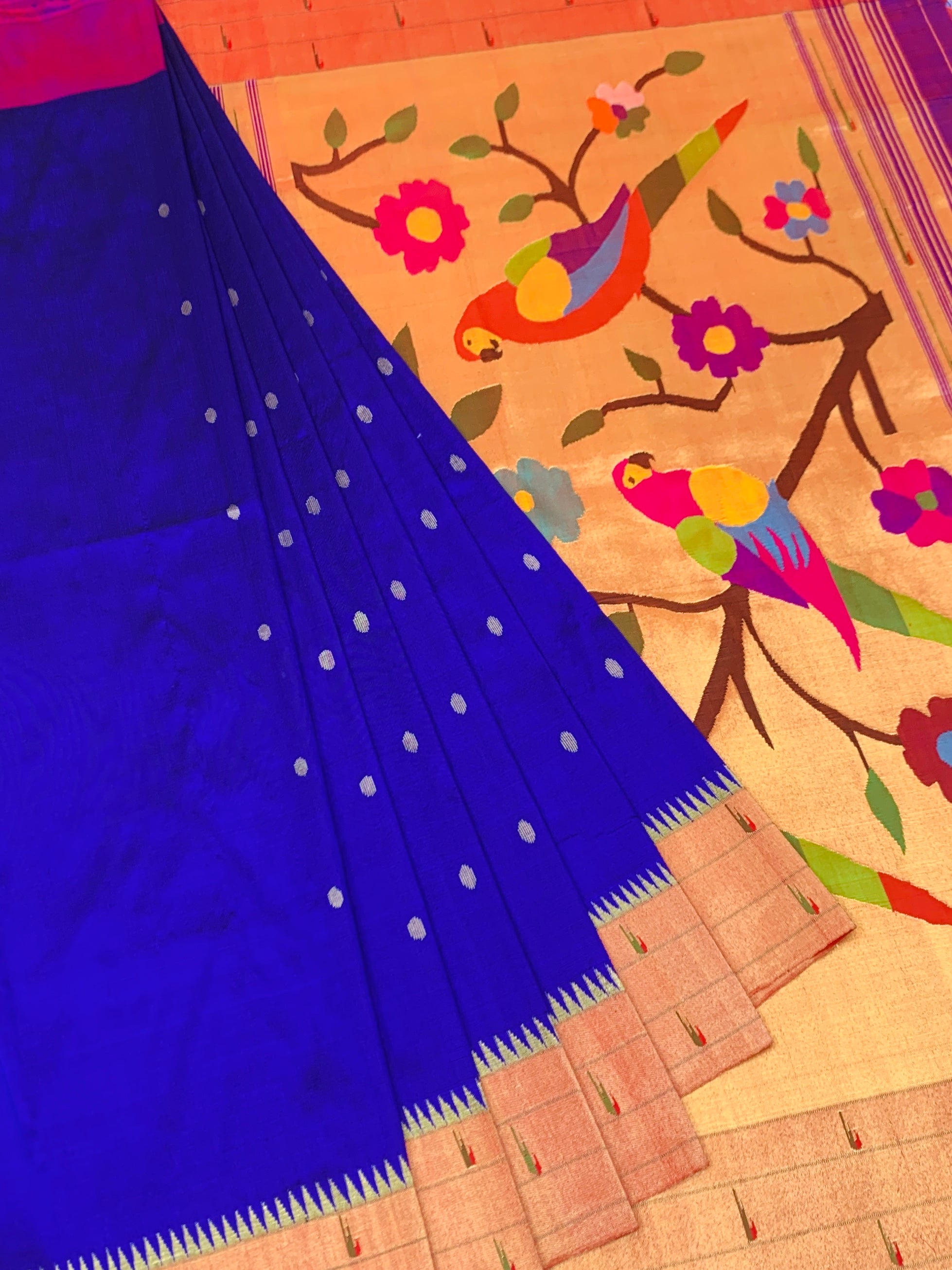 Electric Royal Blue Paithani Silk Saree with Enchanting Parrot Pallu
