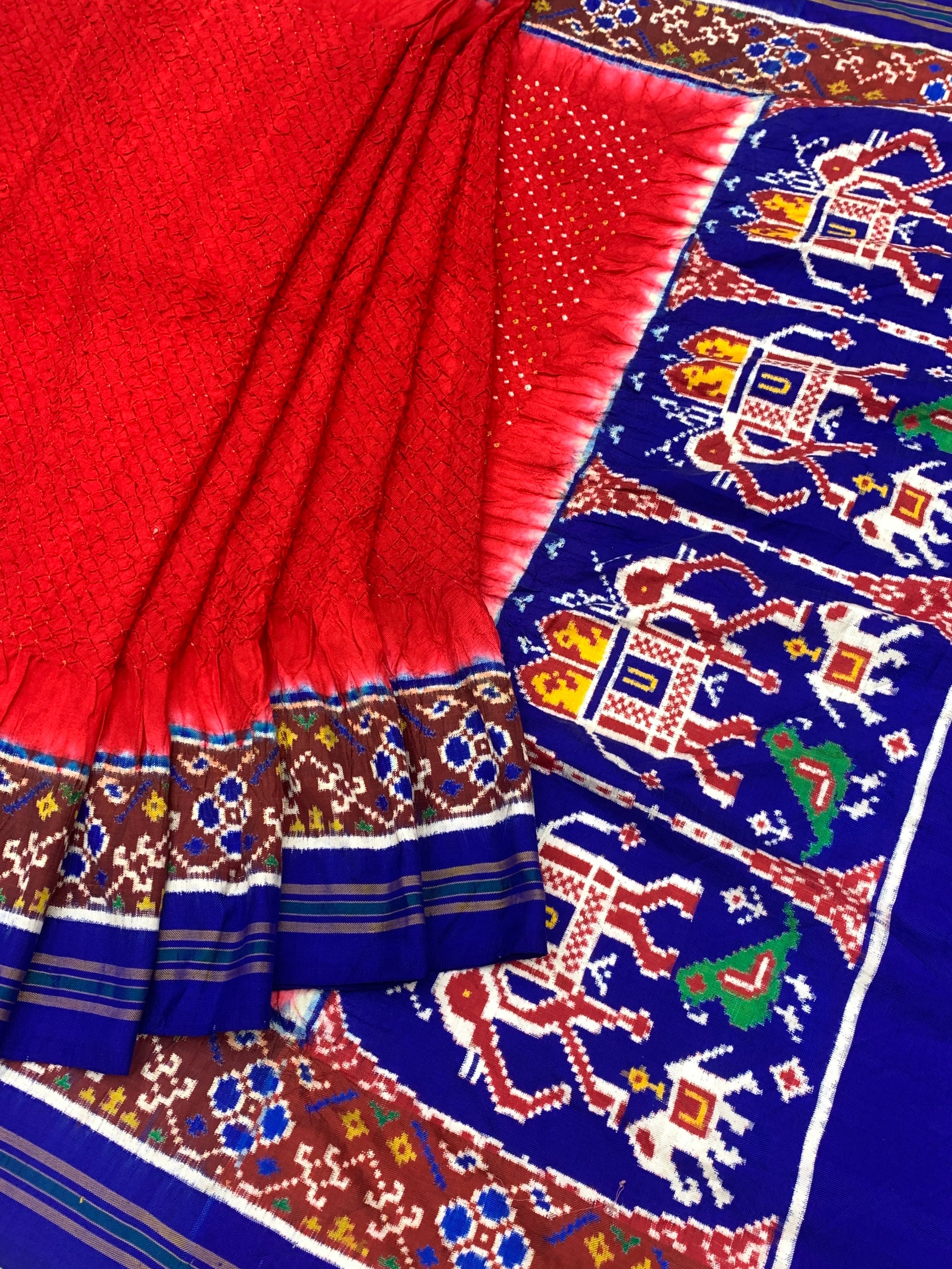 Crimson Red & Royal Blue Patan Patola Bandhani Silk Saree