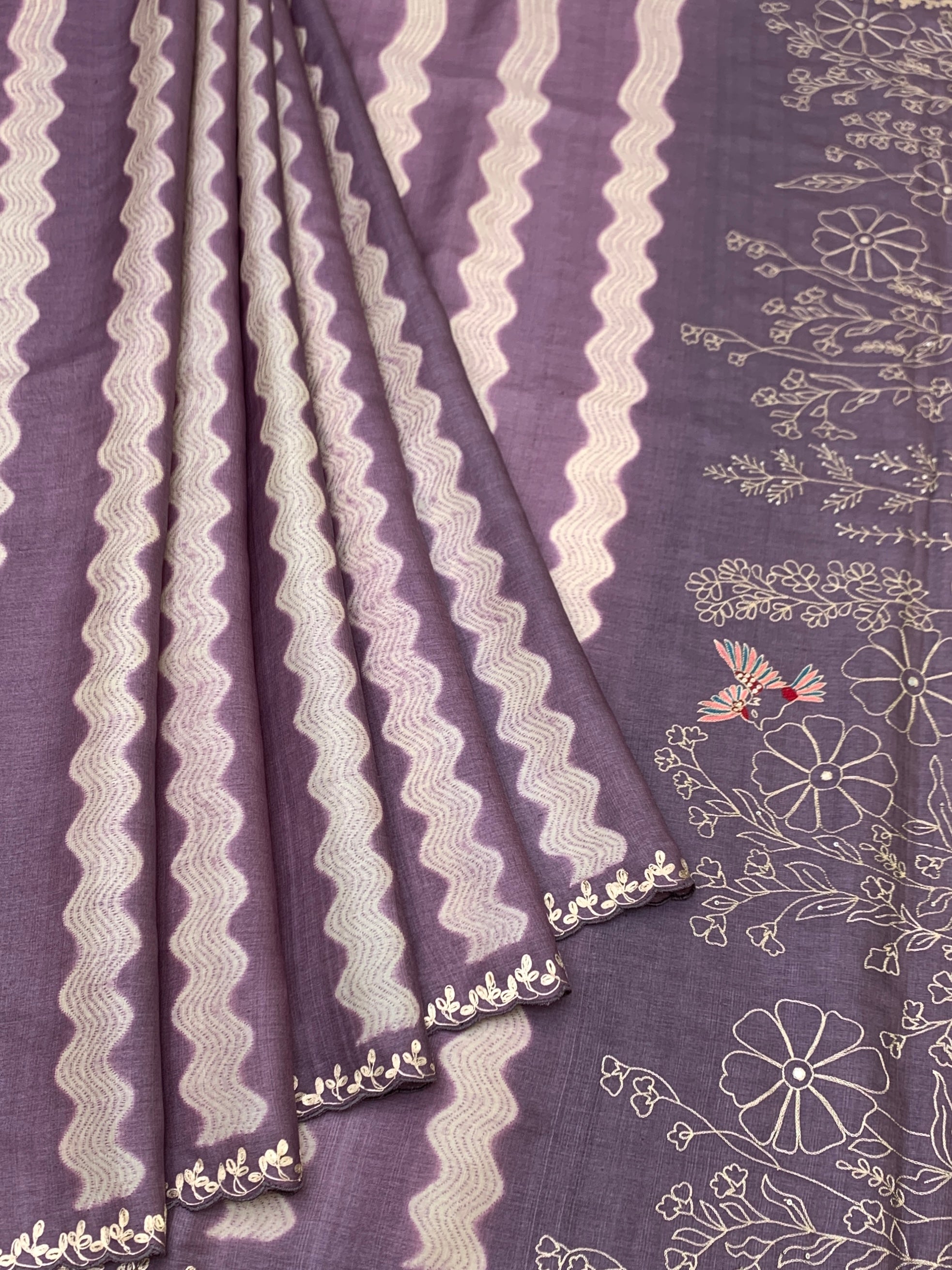 Poetic Mauve: Wavy Stripe Tussar Silk Saree with Floral & Avian Embroidery