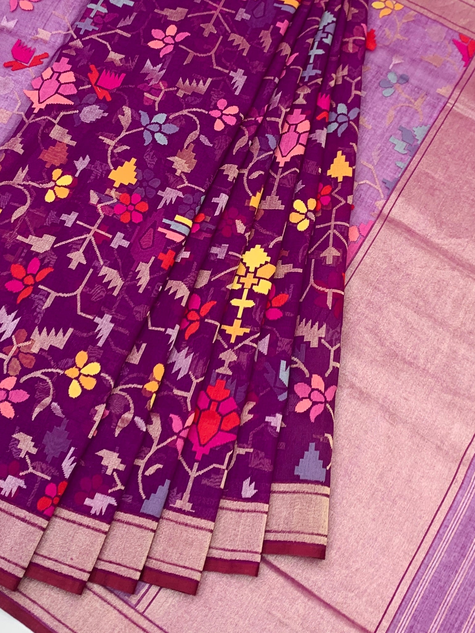 Deep Plum and Lavender Cotton Jamdani Saree with Multi-Color Woven Motifs