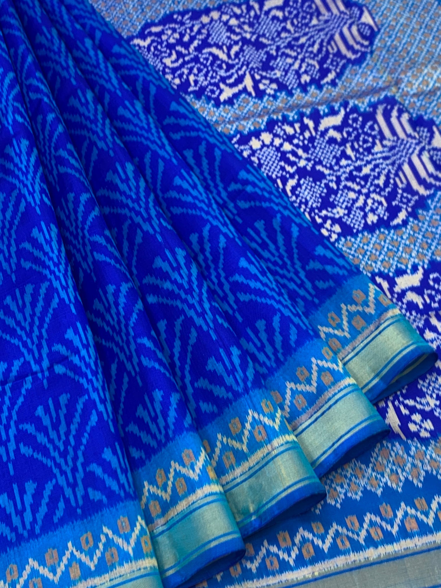Royal Azure & Cobalt Blue: Botanical Ikat Rajkot Patola Silk Saree