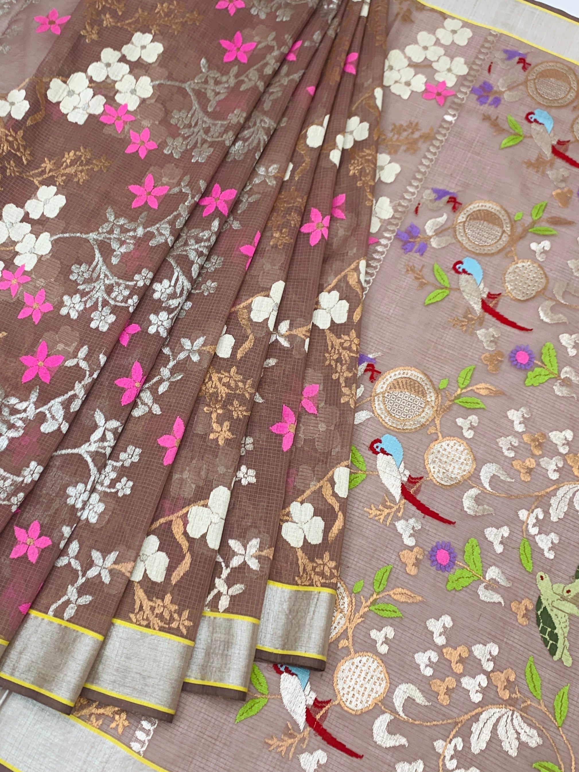 Earthy Mocha Zari Kota Saree with Whimsical Nature Pallu