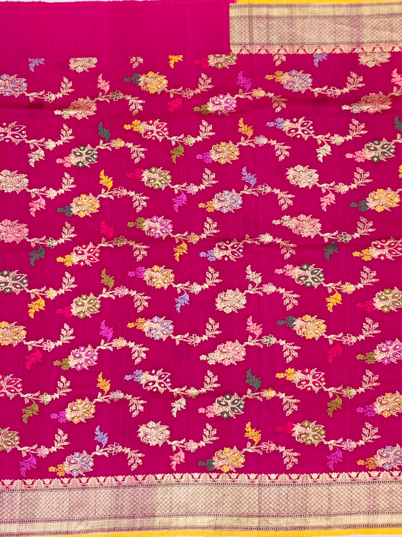 Vibrant Pink Tussore Georgette Saree with Meenakari Botanicals and Yellow Blouse