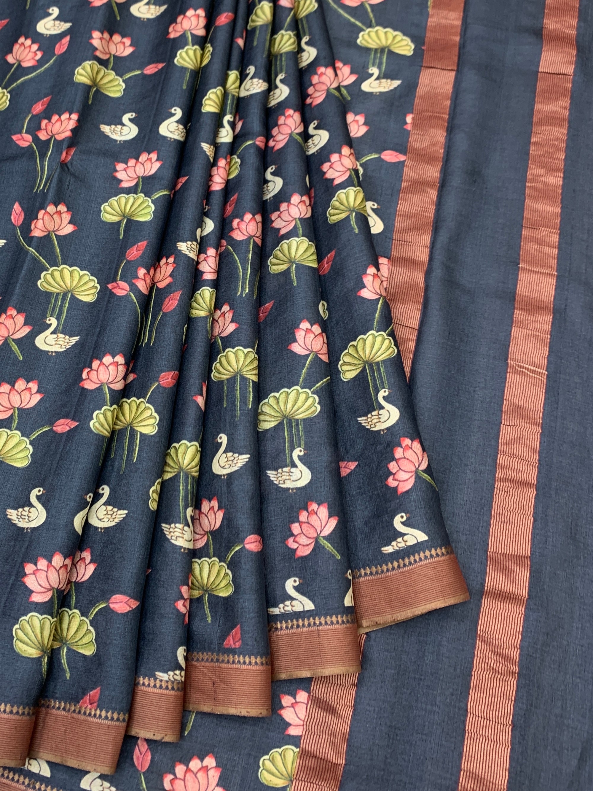 Charcoal Black Tussore Saree with Pichwai Lotus & Swan Motifs