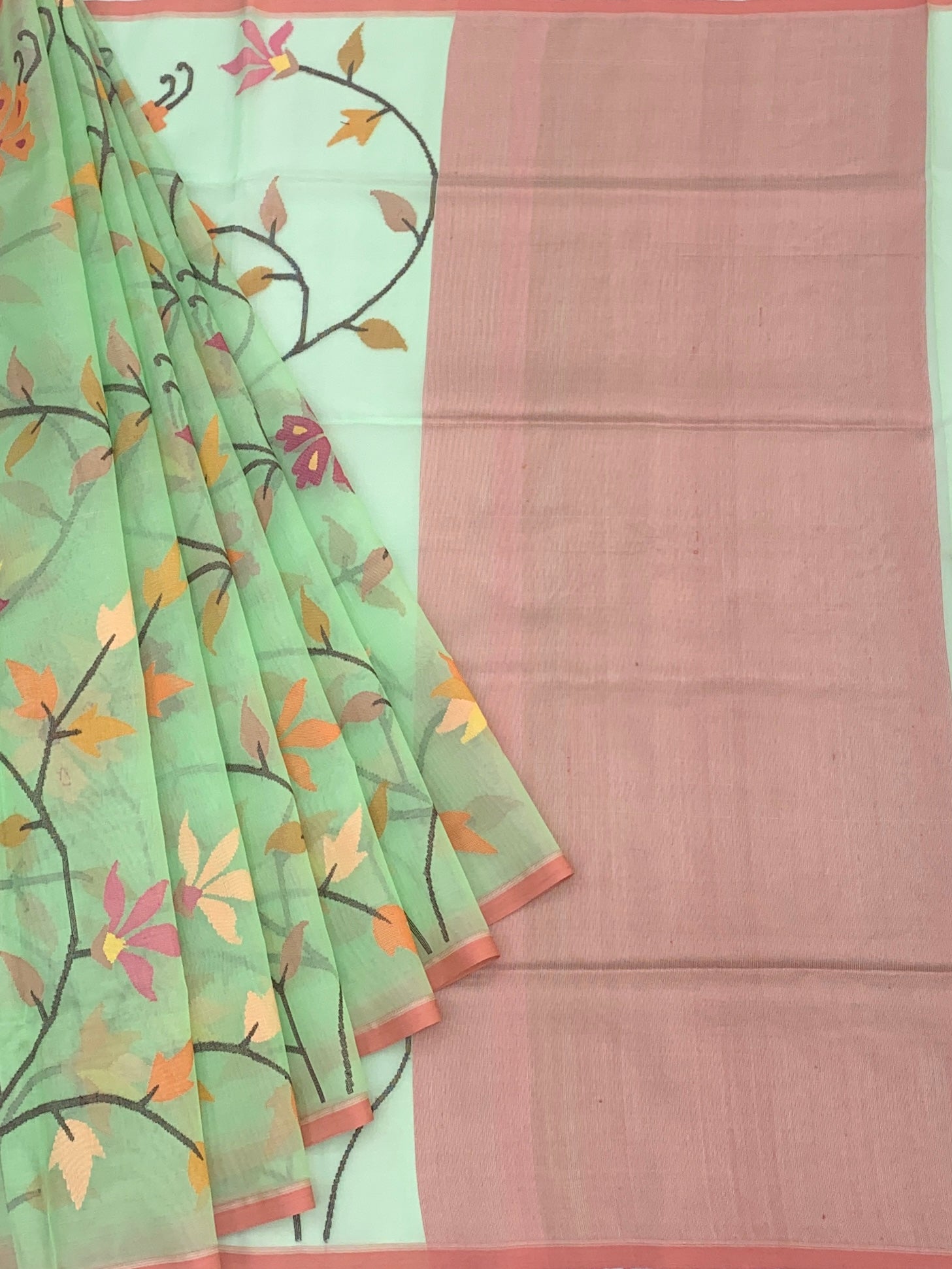 Ethereal Mint Green Handwoven Muslin Jamdani Saree with Dusky Rose Blouse