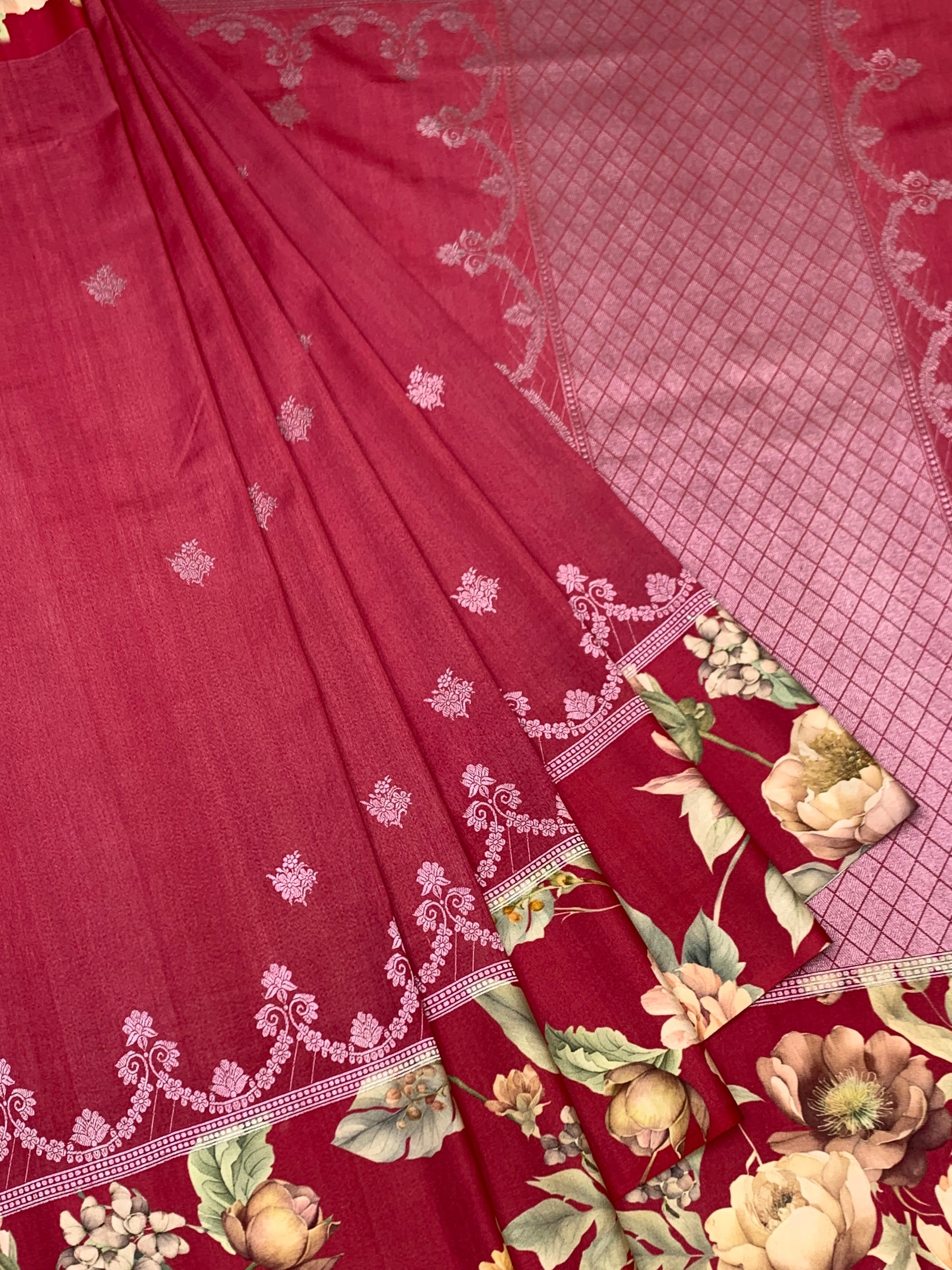Crimson Bloom: Vintage Floral & Embroidered Tussar Silk Saree