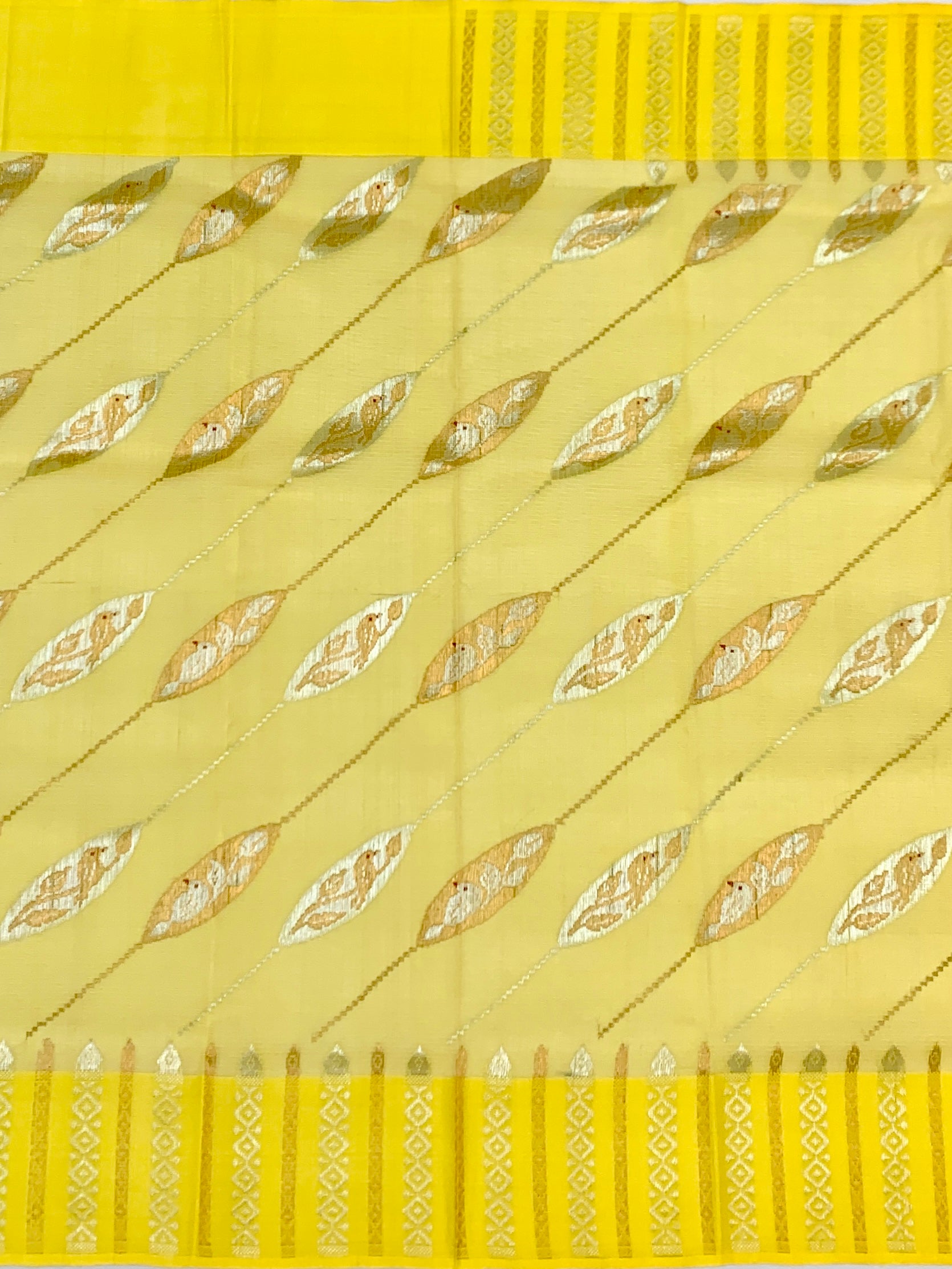 Sunshine Yellow Zari Kota Saree with Leaf Motifs