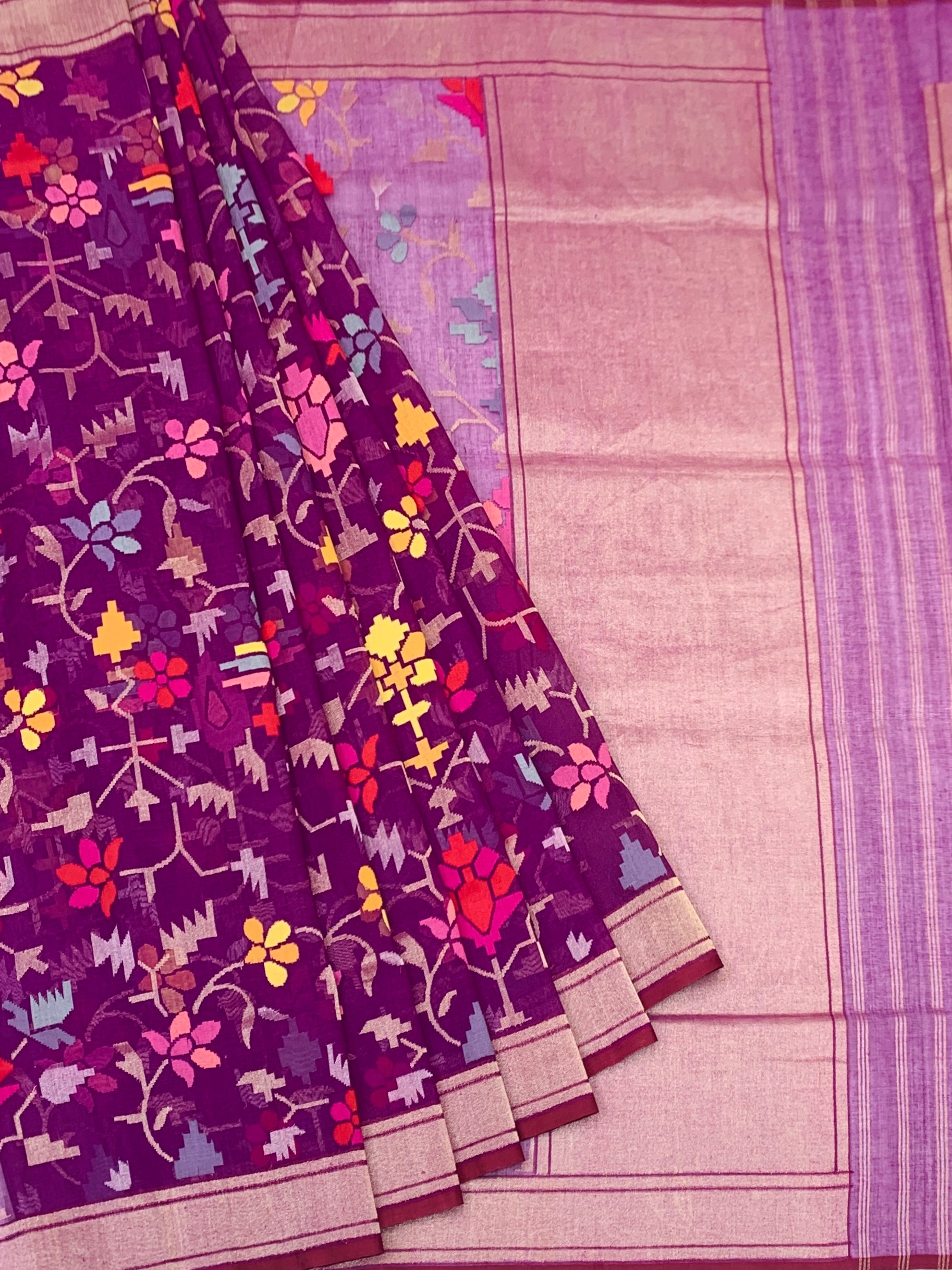 Deep Plum and Lavender Cotton Jamdani Saree with Multi-Color Woven Motifs