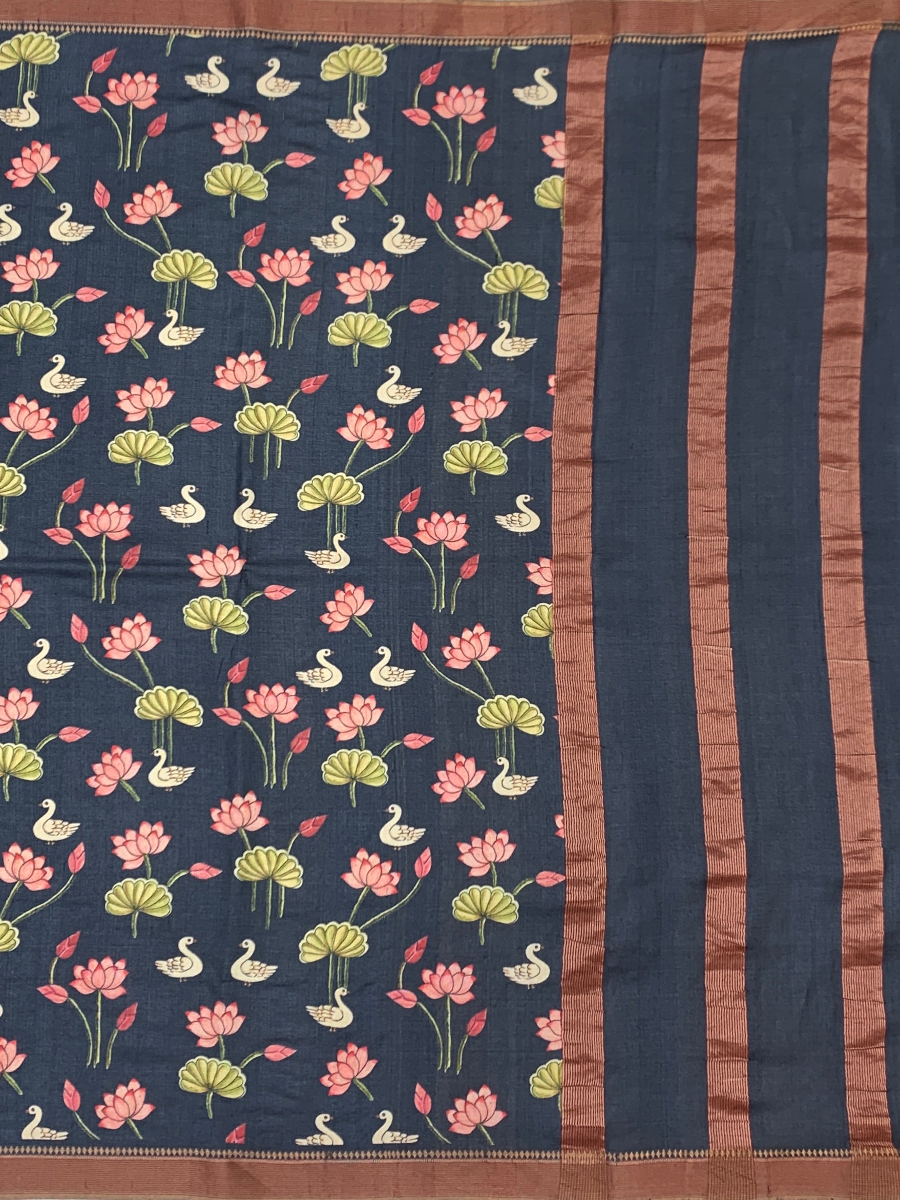Charcoal Black Tussore Saree with Pichwai Lotus & Swan Motifs