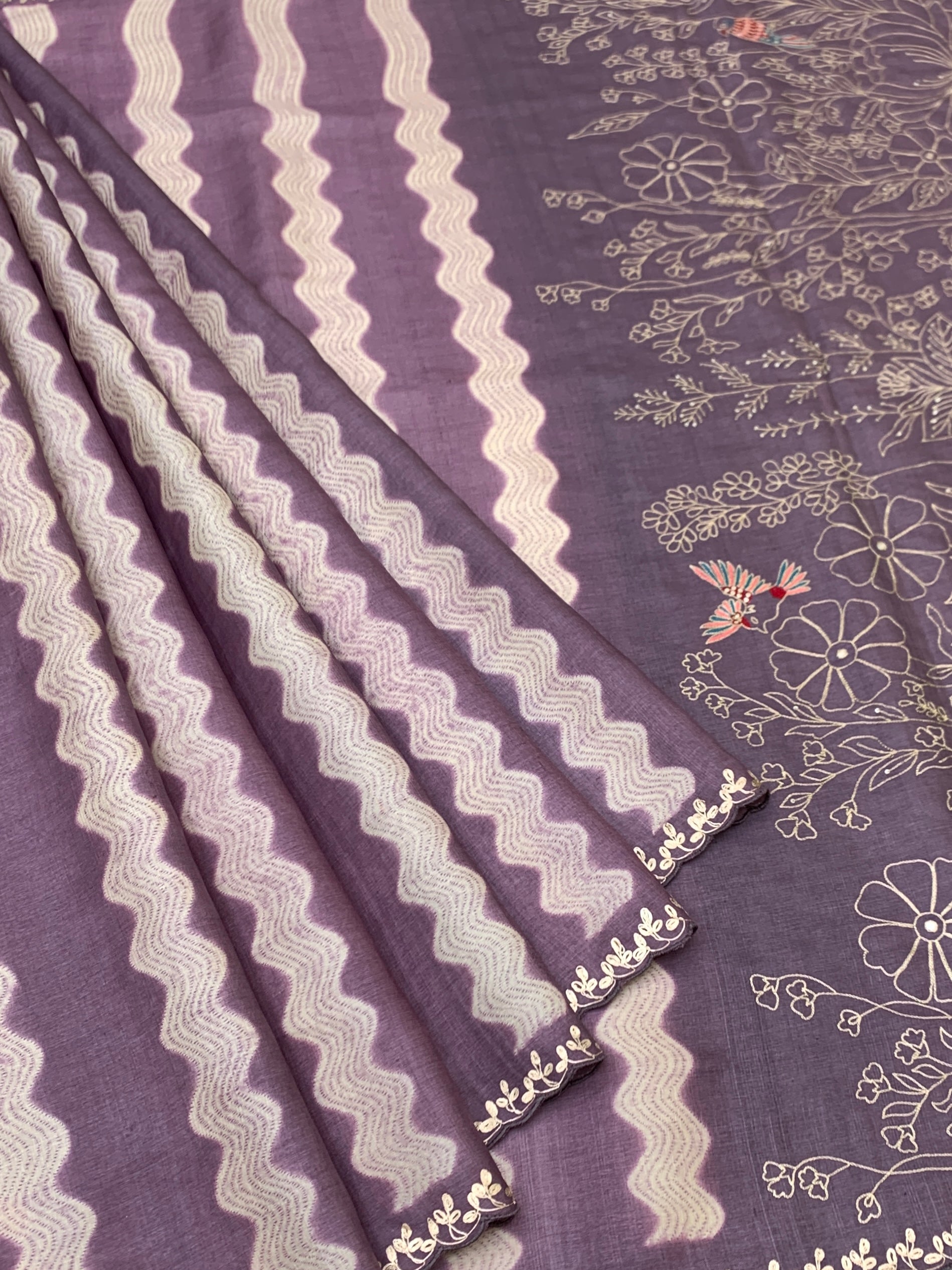 Poetic Mauve: Wavy Stripe Tussar Silk Saree with Floral & Avian Embroidery