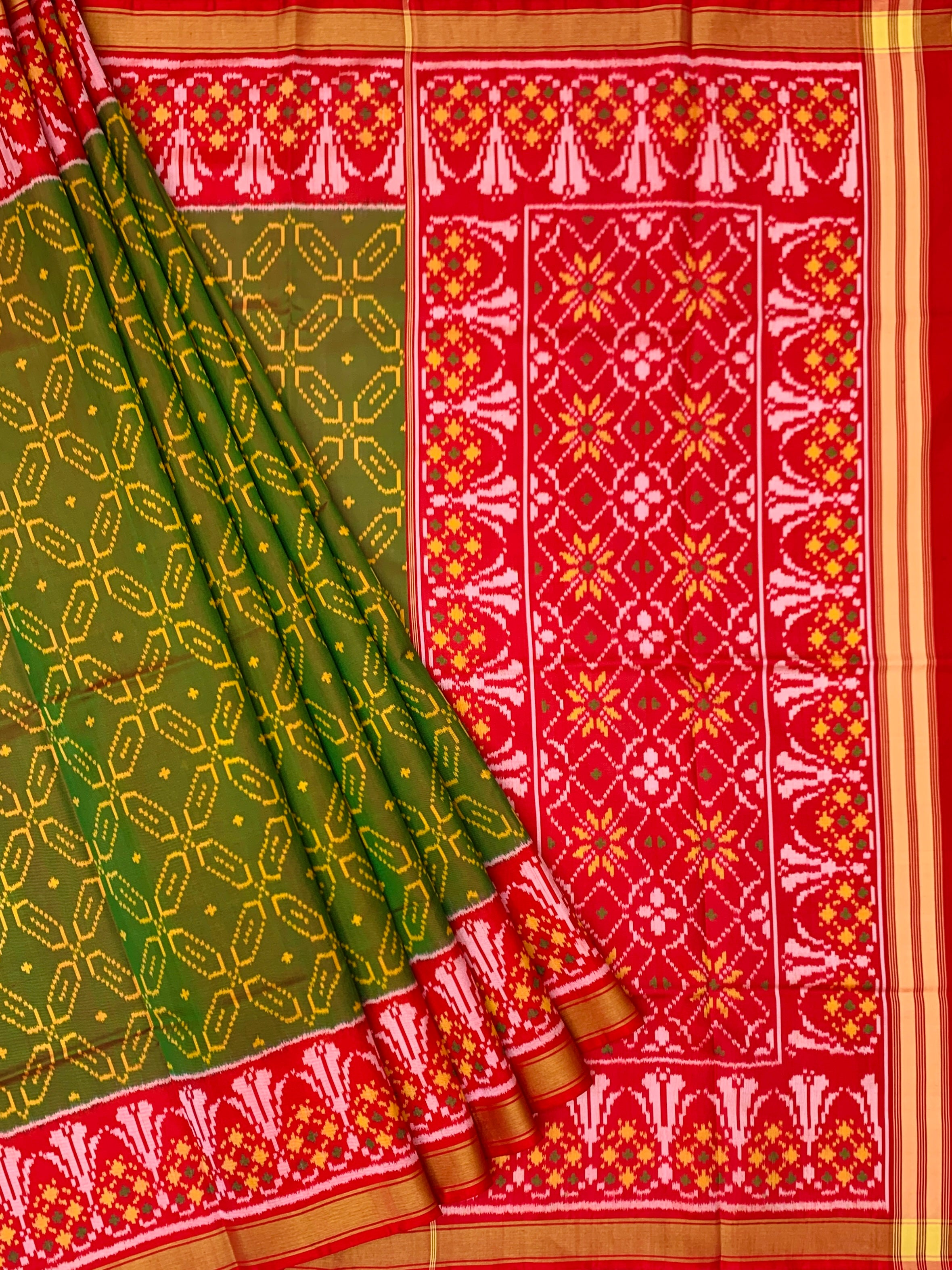 Heirloom Olive Green and Crimson Red Rajkot Patola Silk Saree