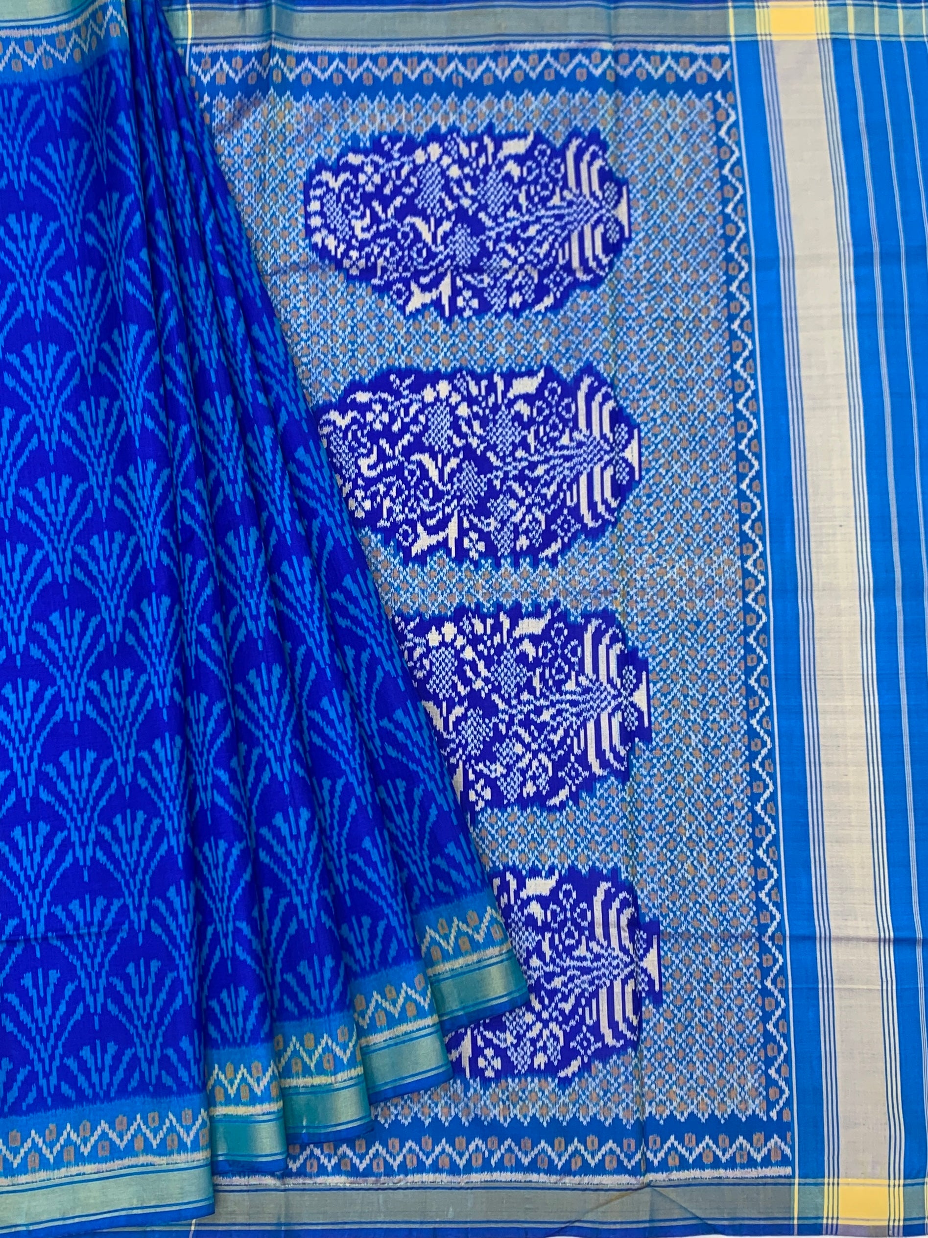 Royal Azure & Cobalt Blue: Botanical Ikat Rajkot Patola Silk Saree