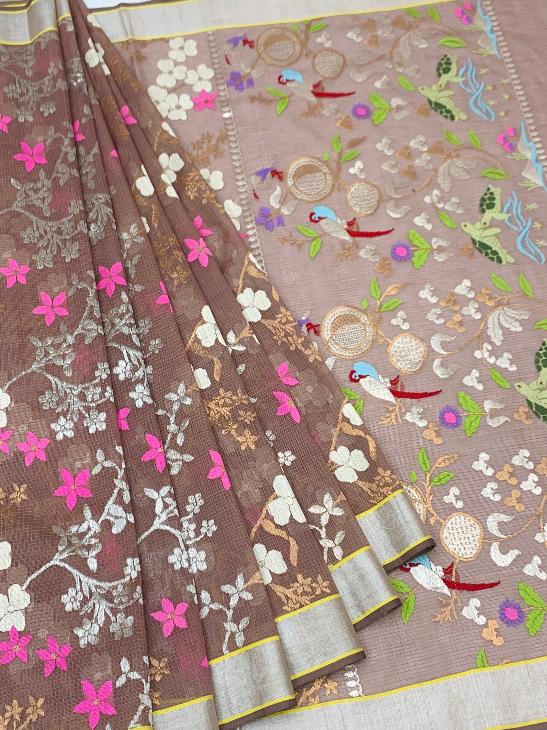Earthy Mocha Zari Kota Saree with Whimsical Nature Pallu