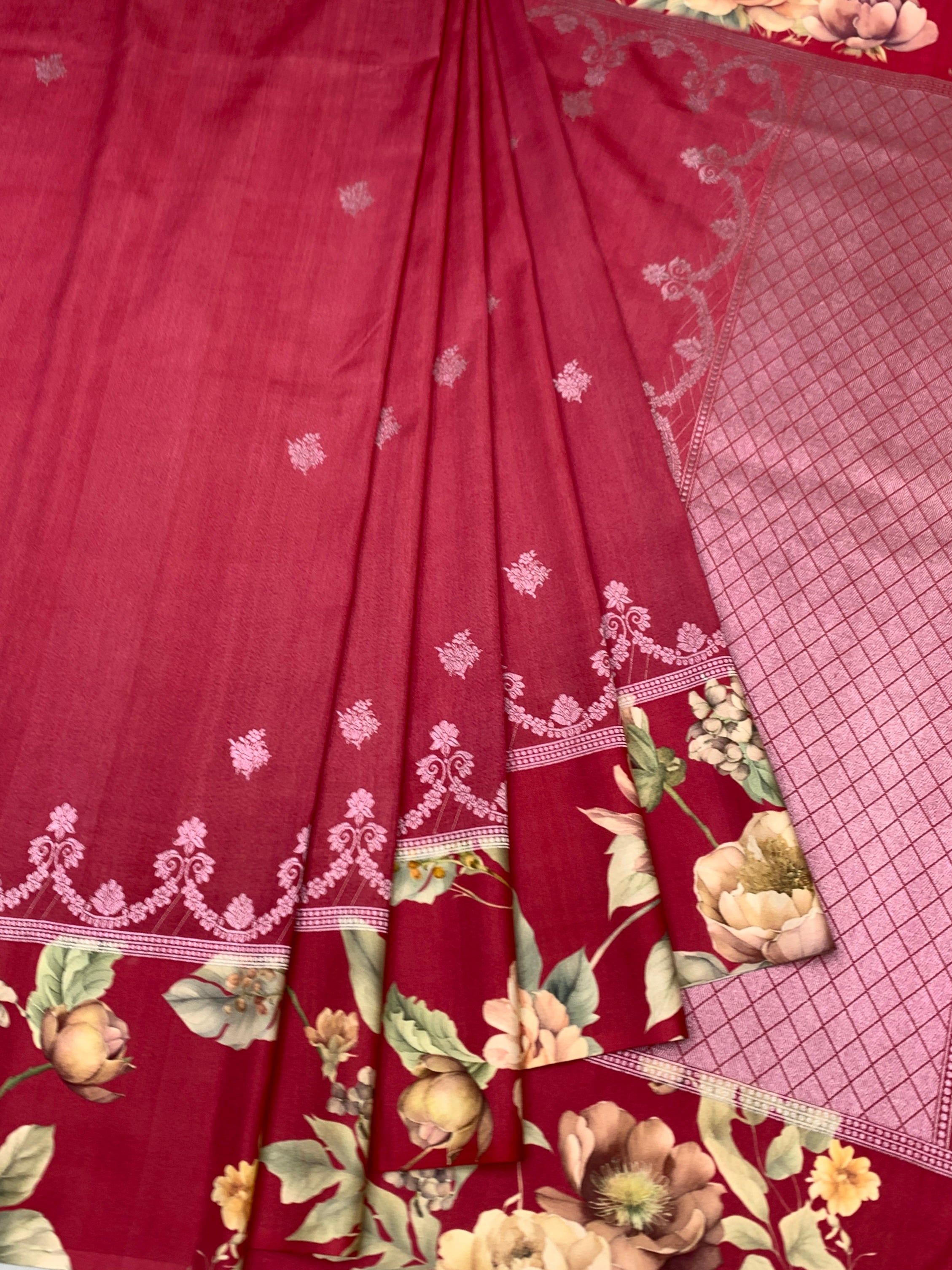 Crimson Bloom: Vintage Floral & Embroidered Tussar Silk Saree