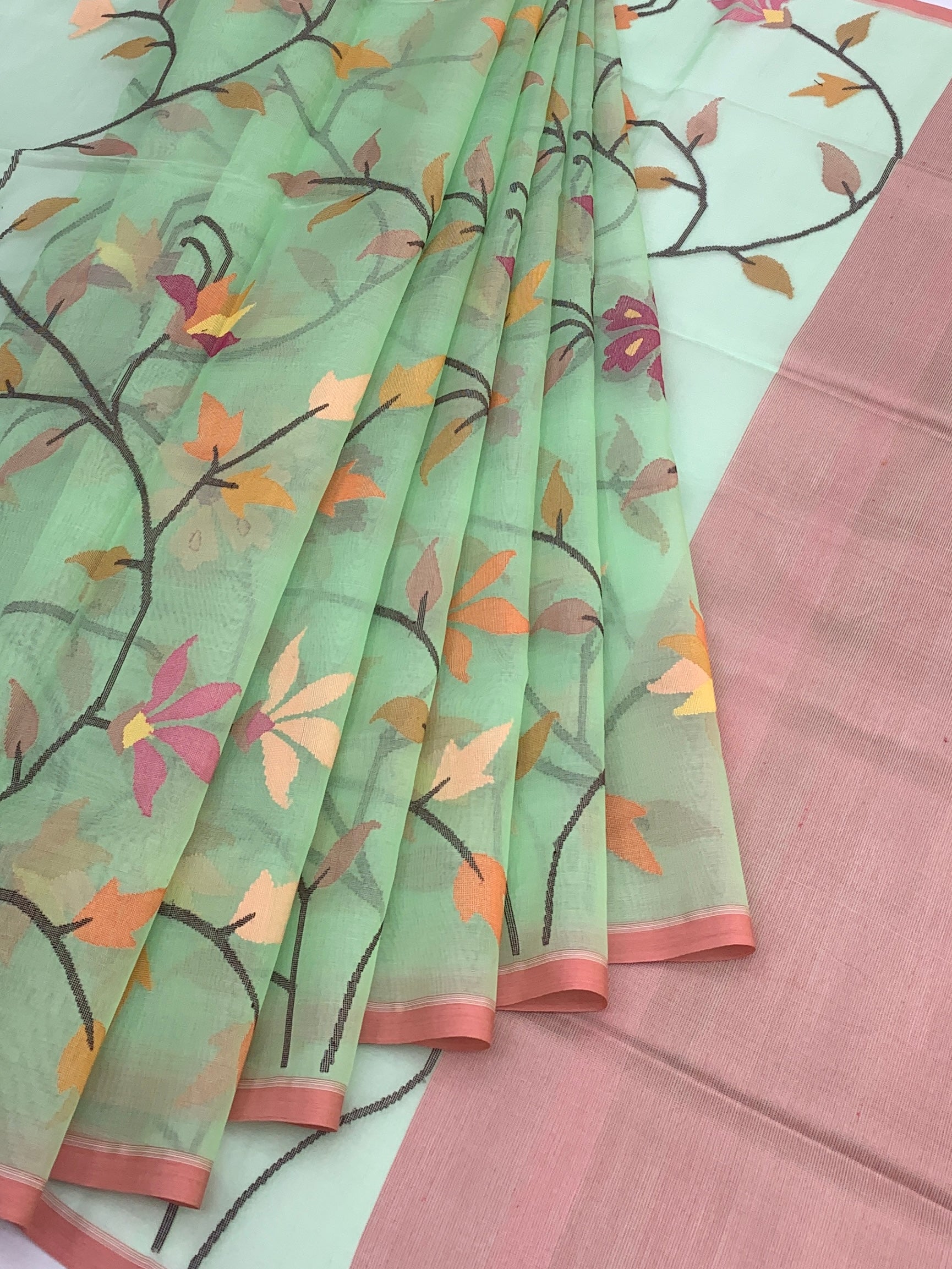 Ethereal Mint Green Handwoven Muslin Jamdani Saree with Dusky Rose Blouse