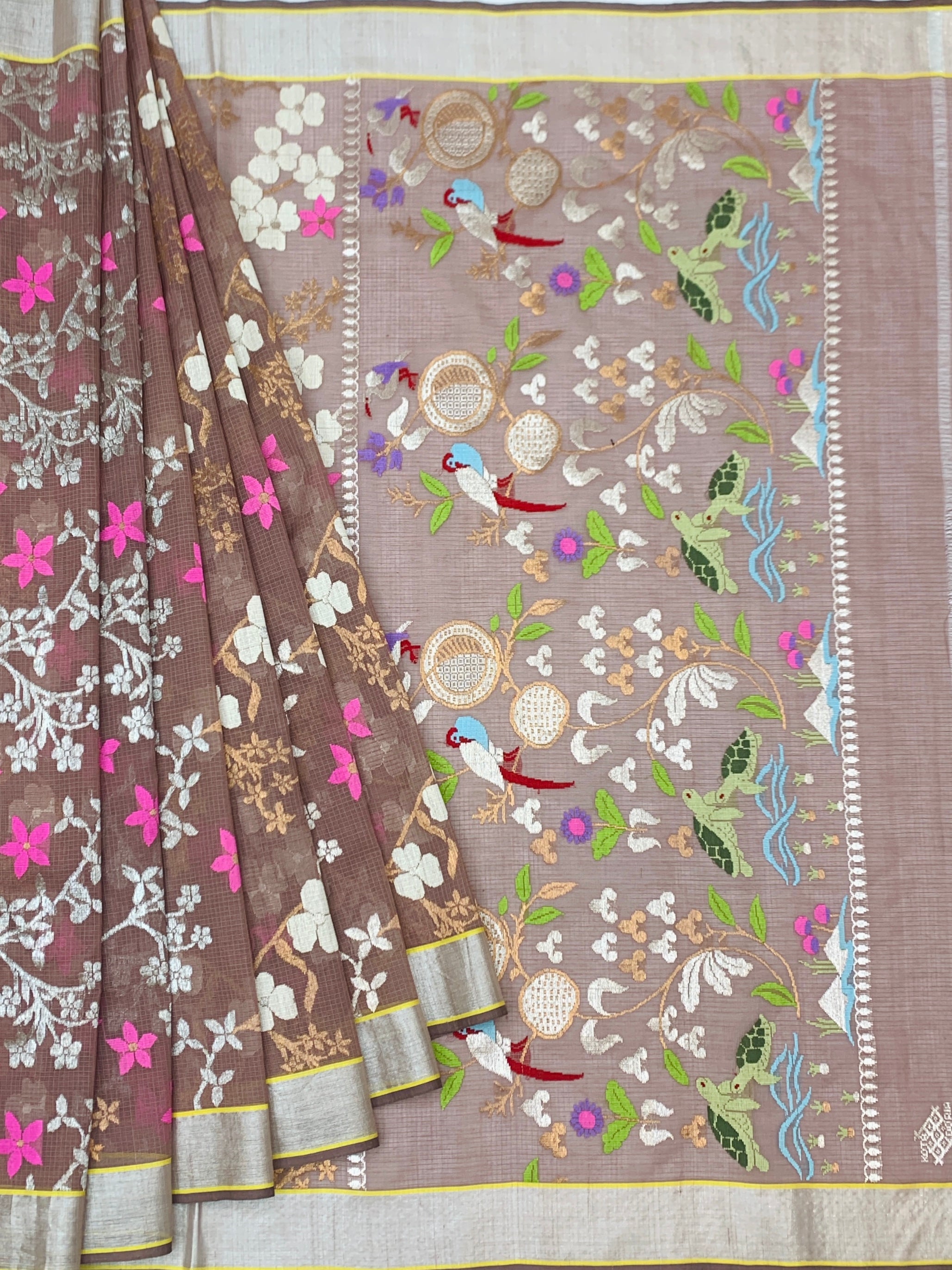 Earthy Mocha Zari Kota Saree with Whimsical Nature Pallu