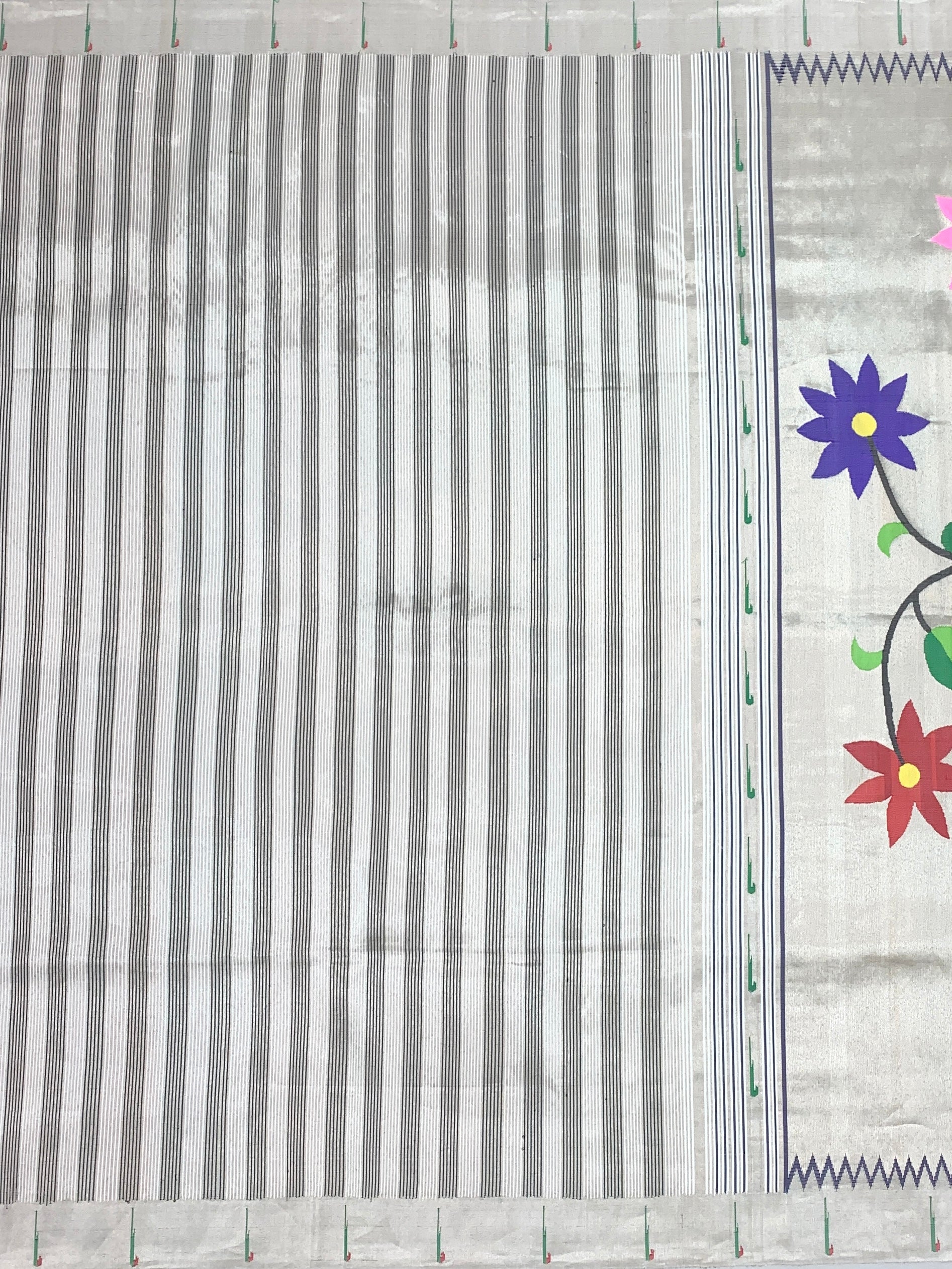 Contemporary Pearl & Silver Striped Paithani Silk Saree with Floral Pallu