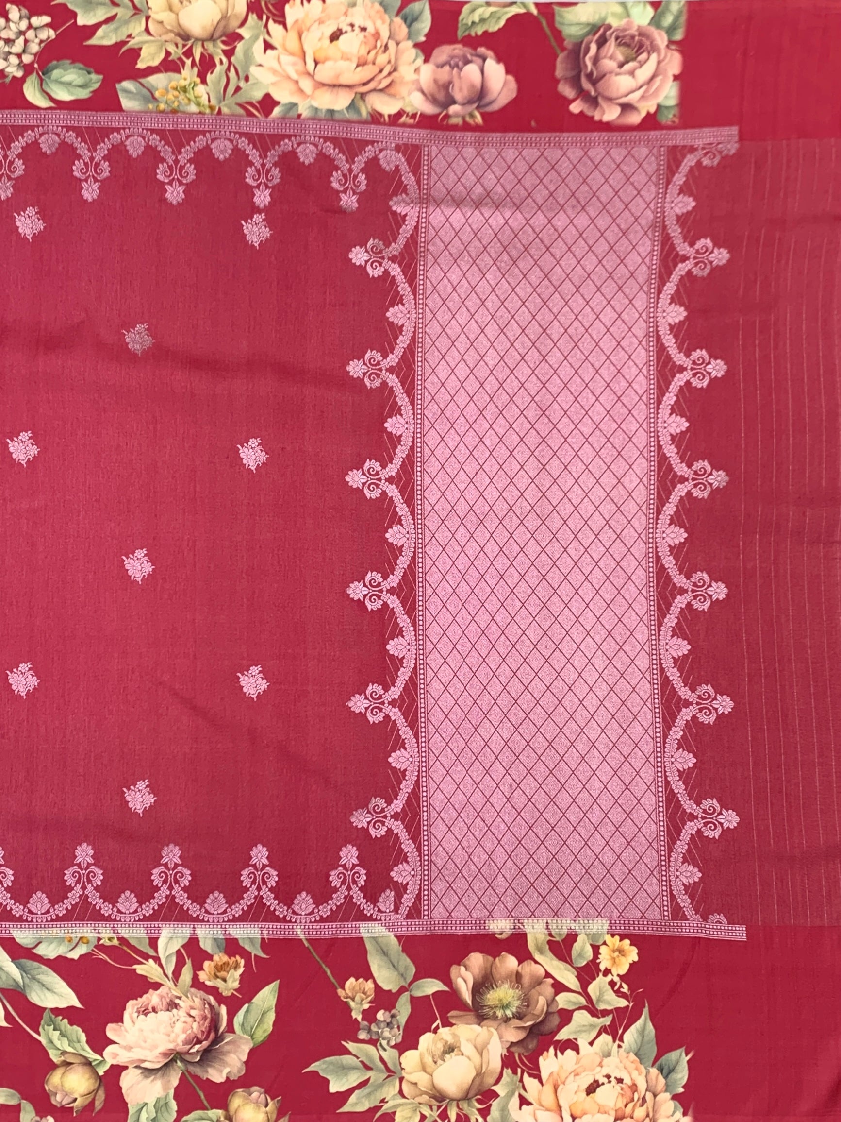 Crimson Bloom: Vintage Floral & Embroidered Tussar Silk Saree