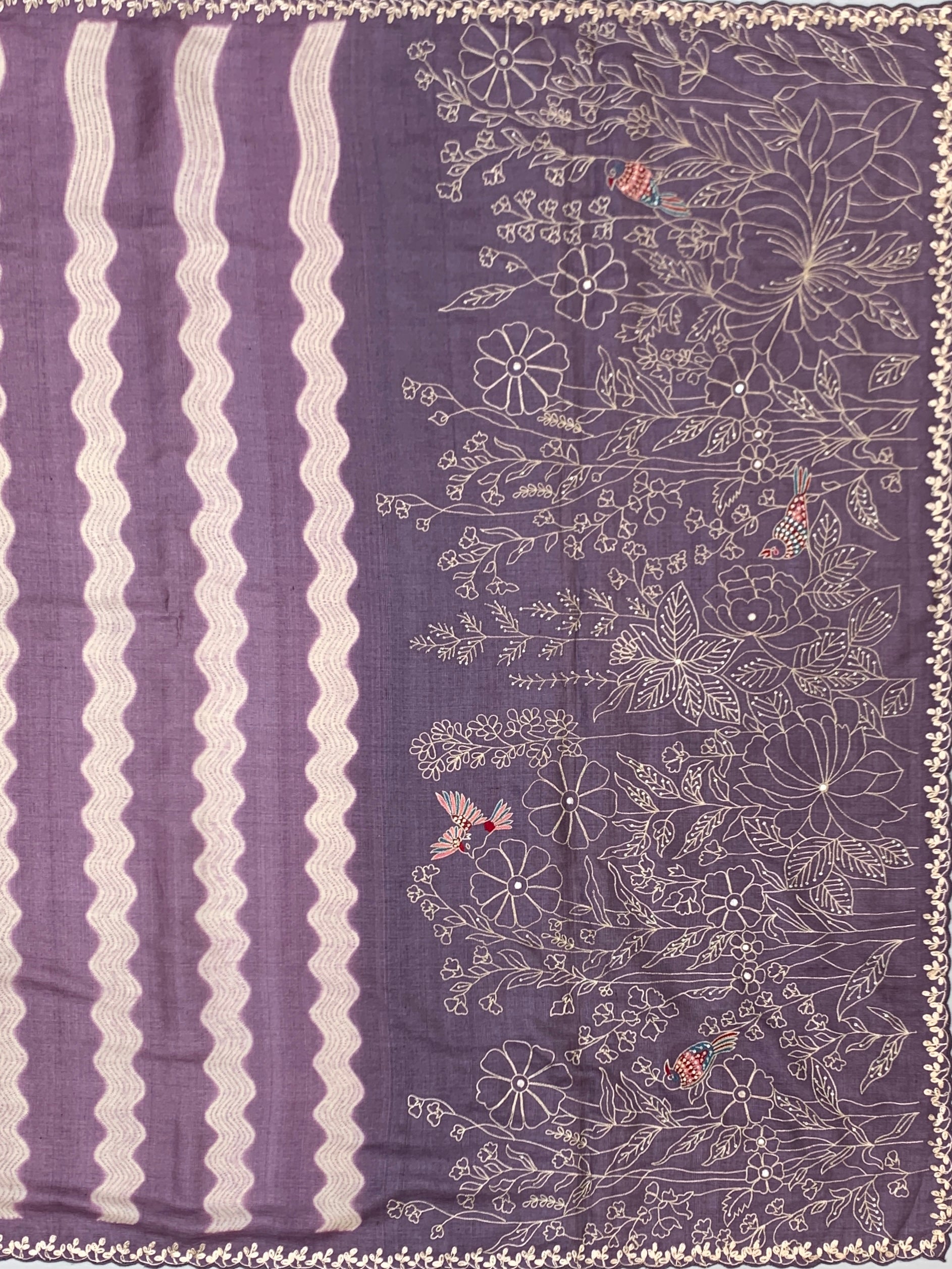 Poetic Mauve: Wavy Stripe Tussar Silk Saree with Floral & Avian Embroidery
